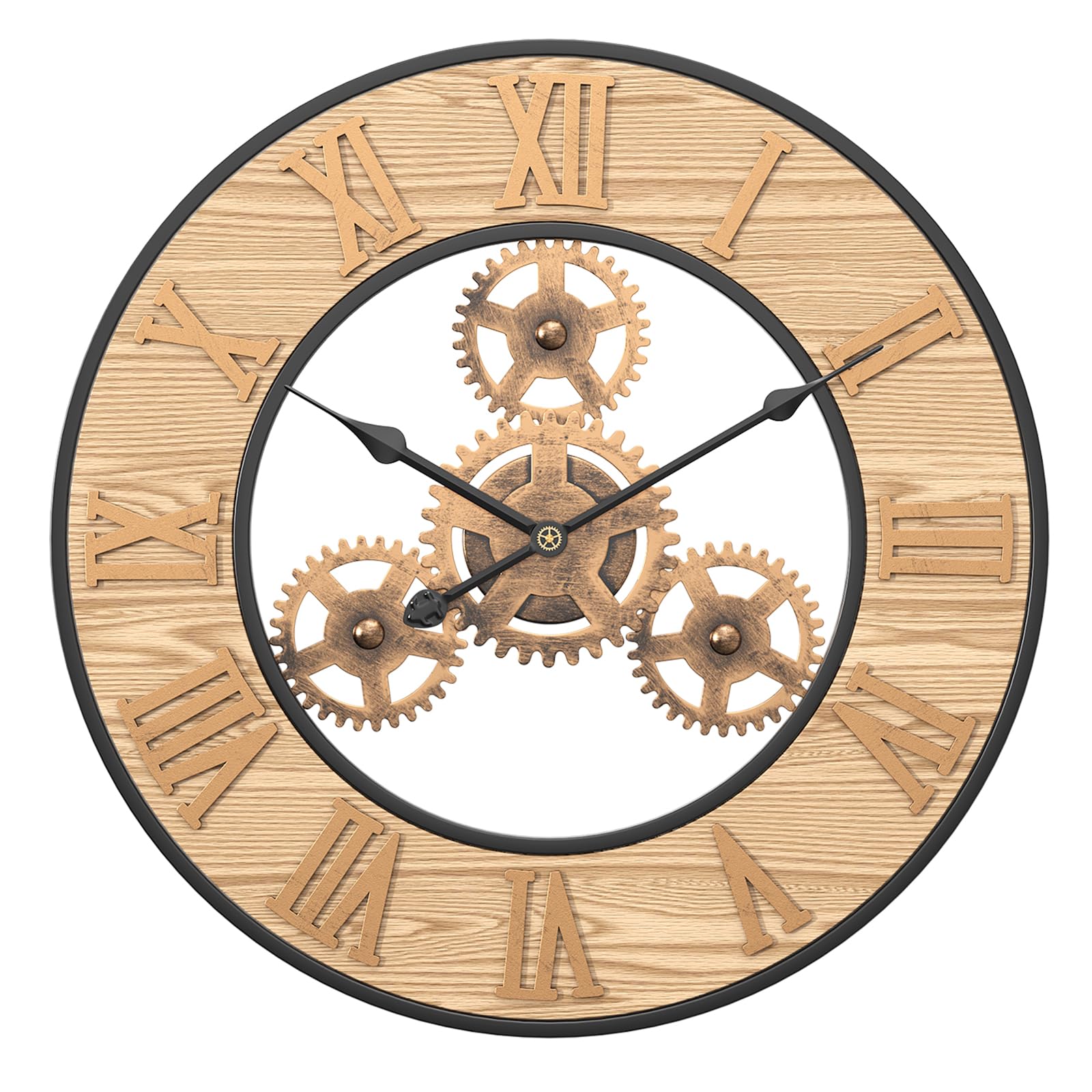 Vintage 3D Metal Wooden Decorative Gear Wall Clock, 24 inch Silent Roman Numeral European Style Steampunk Industrial Retro Battery Operated Farmhouse Clock for Living Room Kitchen Office Gift