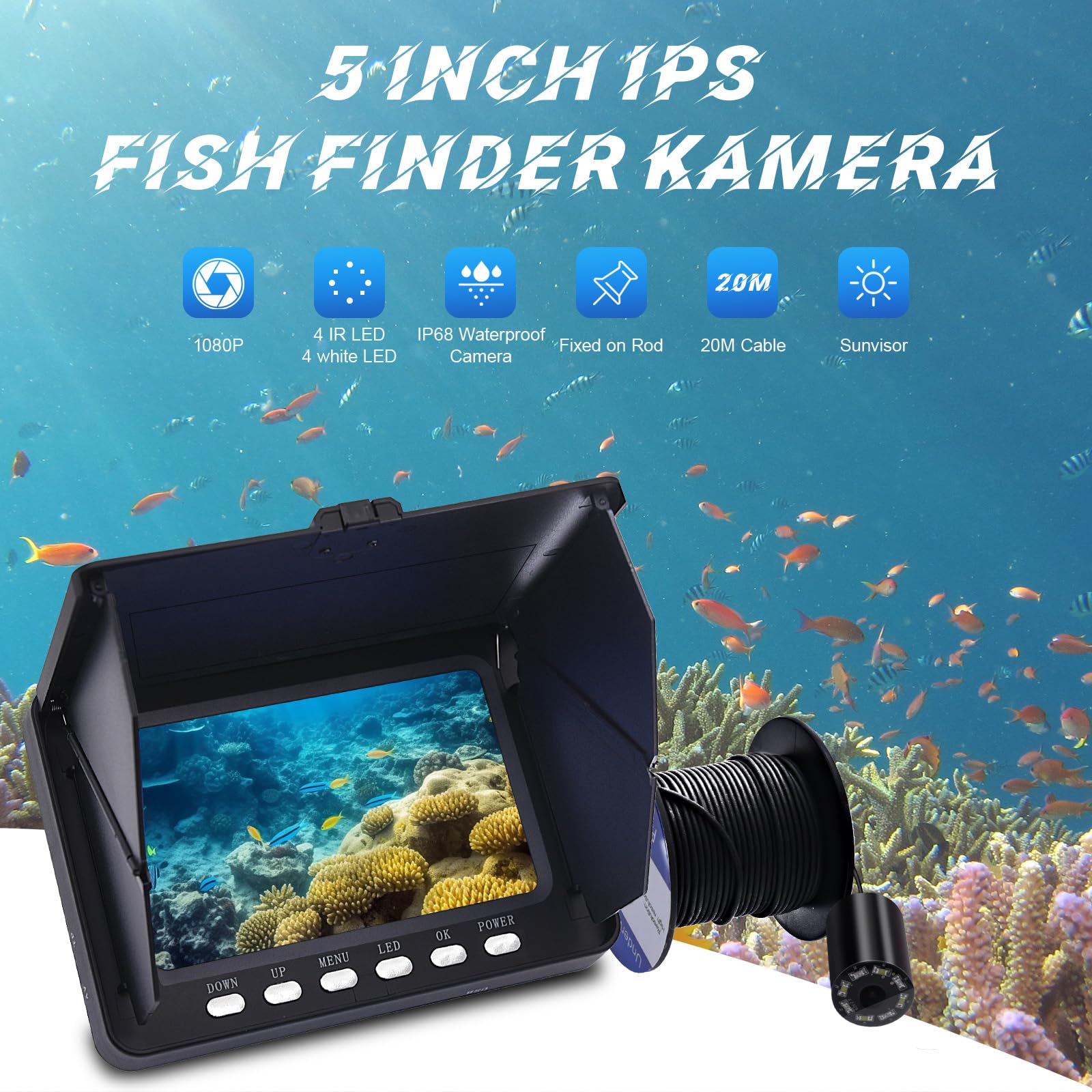 KAOLALI Unterwasser Fish Finder Kamera 5" HD IPS 1080P Display Fischfinder IR LED Nachtsicht Kamera mit 5000 mAh Akku für EIS, Fluss und Boot(20m/65,6ft)