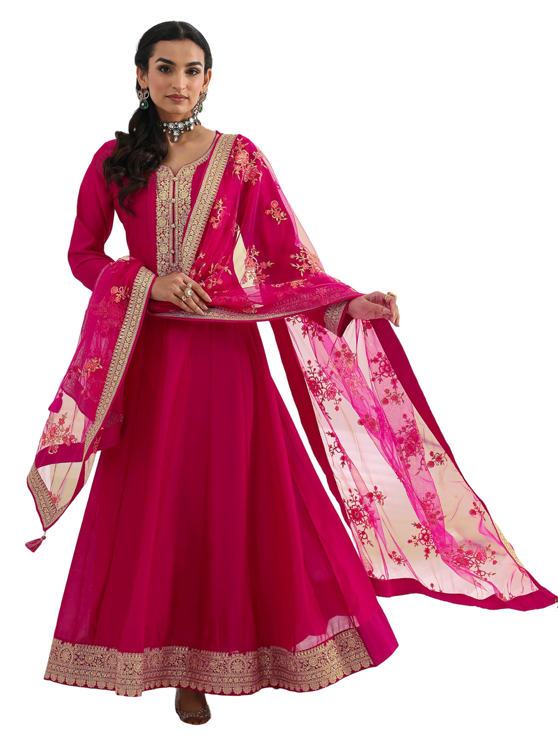 Embroidered Silk Blend A Line Ethnic Dress with Dupatta | occasion gown-image-38