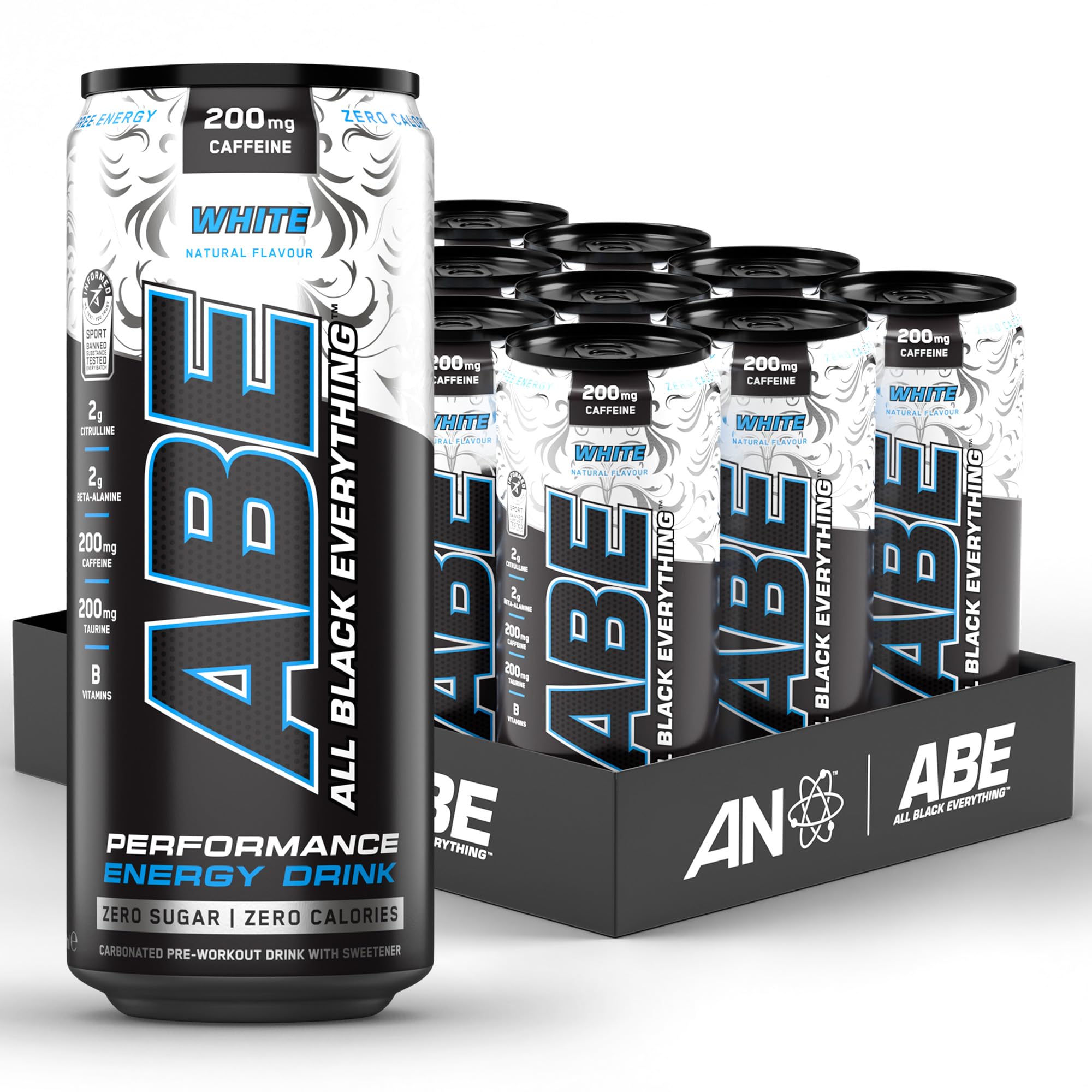 Applied Nutrition ABE Pre Workout Cans - All Black Everything Energy + Performance Drink, ABE Carbonated Beverage Sugar Free with Caffeine (Pack of 12 Cans x 330ml) (White)