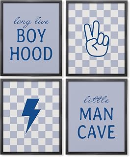 Retro Boho Checkered Preppy Lightning Peace Hand Sign Wall Art Prints Unframed Set of 4,Long Live Boyhood Little Man Cave Posters Gifts for Boy Teen Room Dorm,8 x 10 Inch