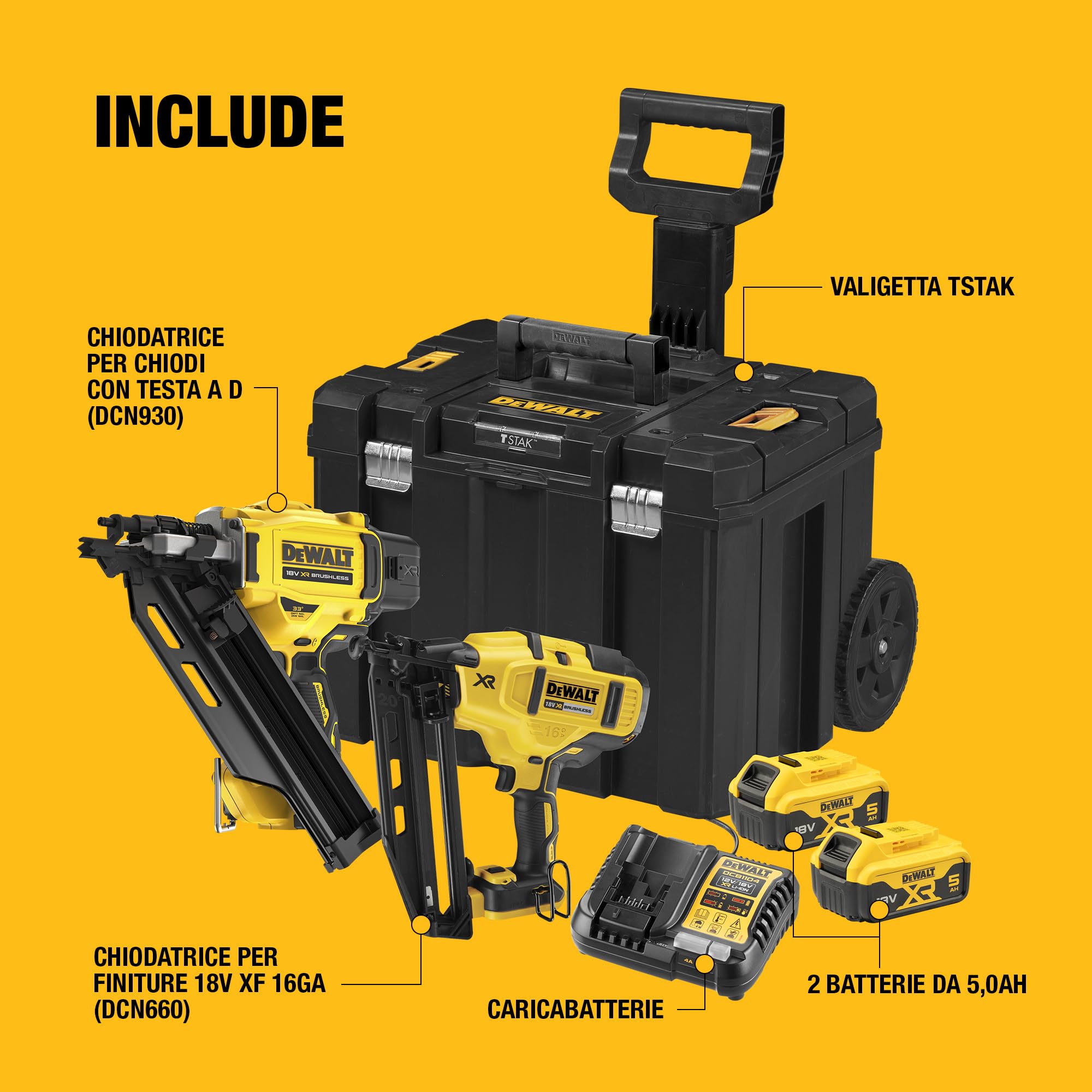 DEWALT Kit doppio di chiodatrici senza spazzole 18V XR con 2 batterie da 5,0Ah, caricabatterie e valigetta TSTAK, spina UE, DCK246P2T-QW