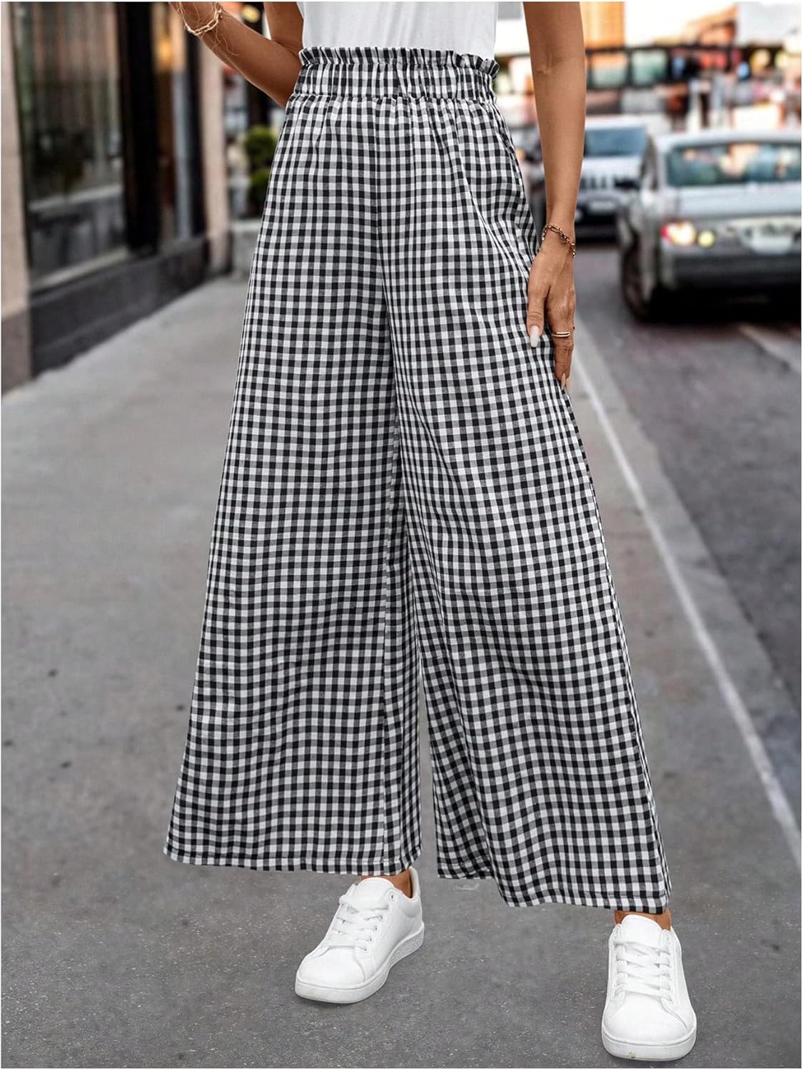 MakeMeChic Women's Gingham Palazzo Long Pants Elastic Waist Wide Leg Frill Trim Straight Loose Trousers - Image 3