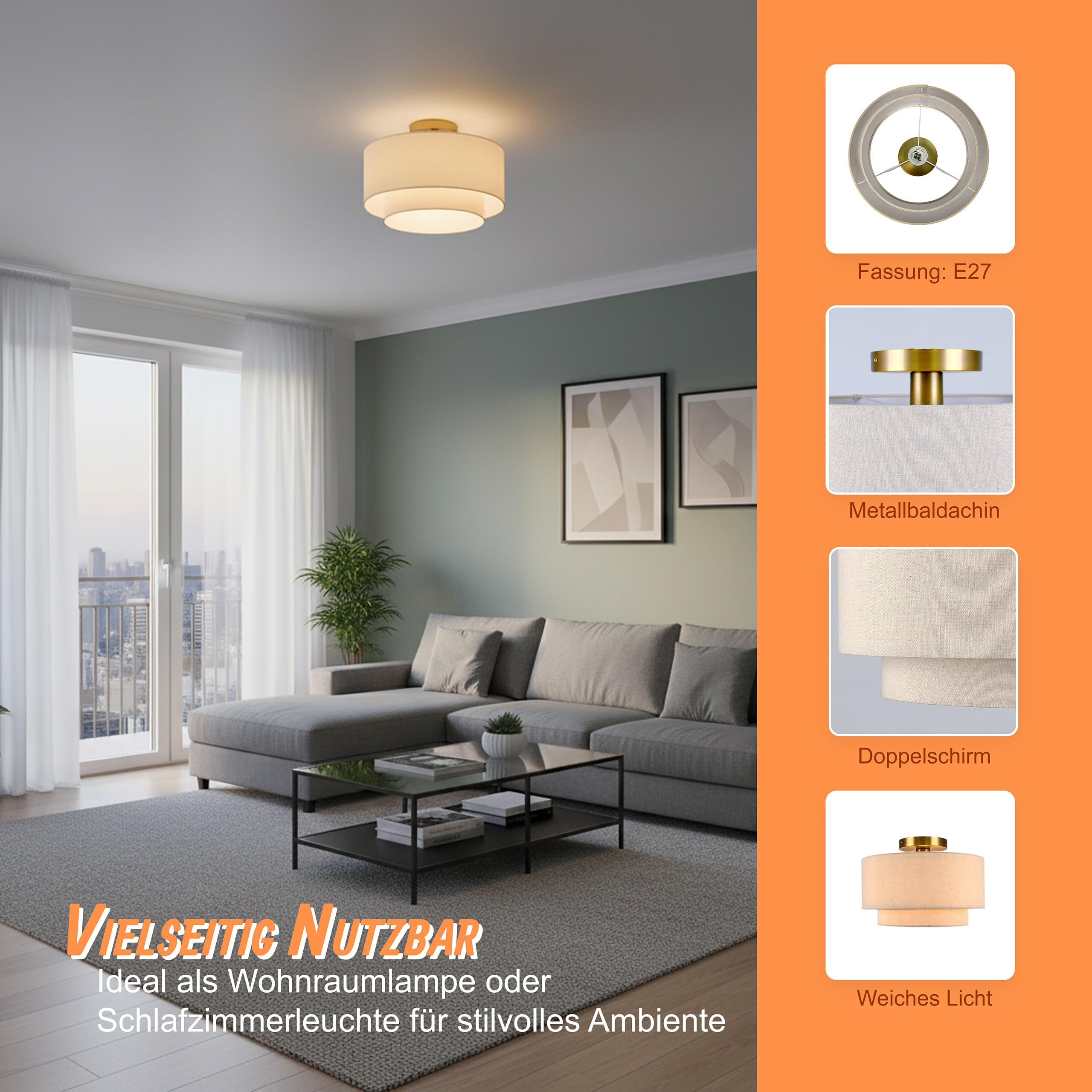Relaxdays Deckenlampe, Leinen & Metall, HxD: 24 x 35 cm, E27, Deckenleuchte Wohnzimmer, Schlafzimmer, beige/Bronze