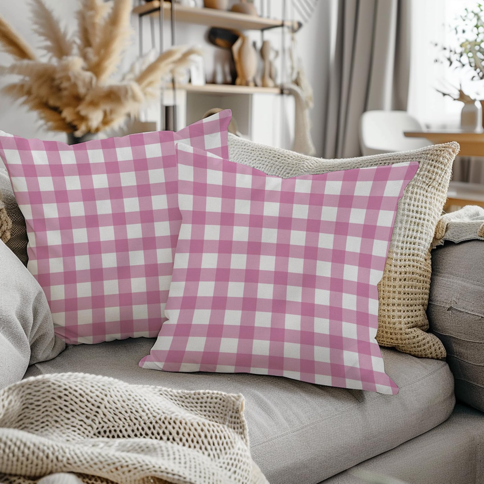 ggaimwf Gingham Pillow Cases 2 Pack 45x45cm Farmhouse Decorative Cushions Covers Pastel Checked Pink Square Throw Pillow Covers for Sofa Couch Living Room Bedroom Home Decor Scatter Cushion Case - Image 2