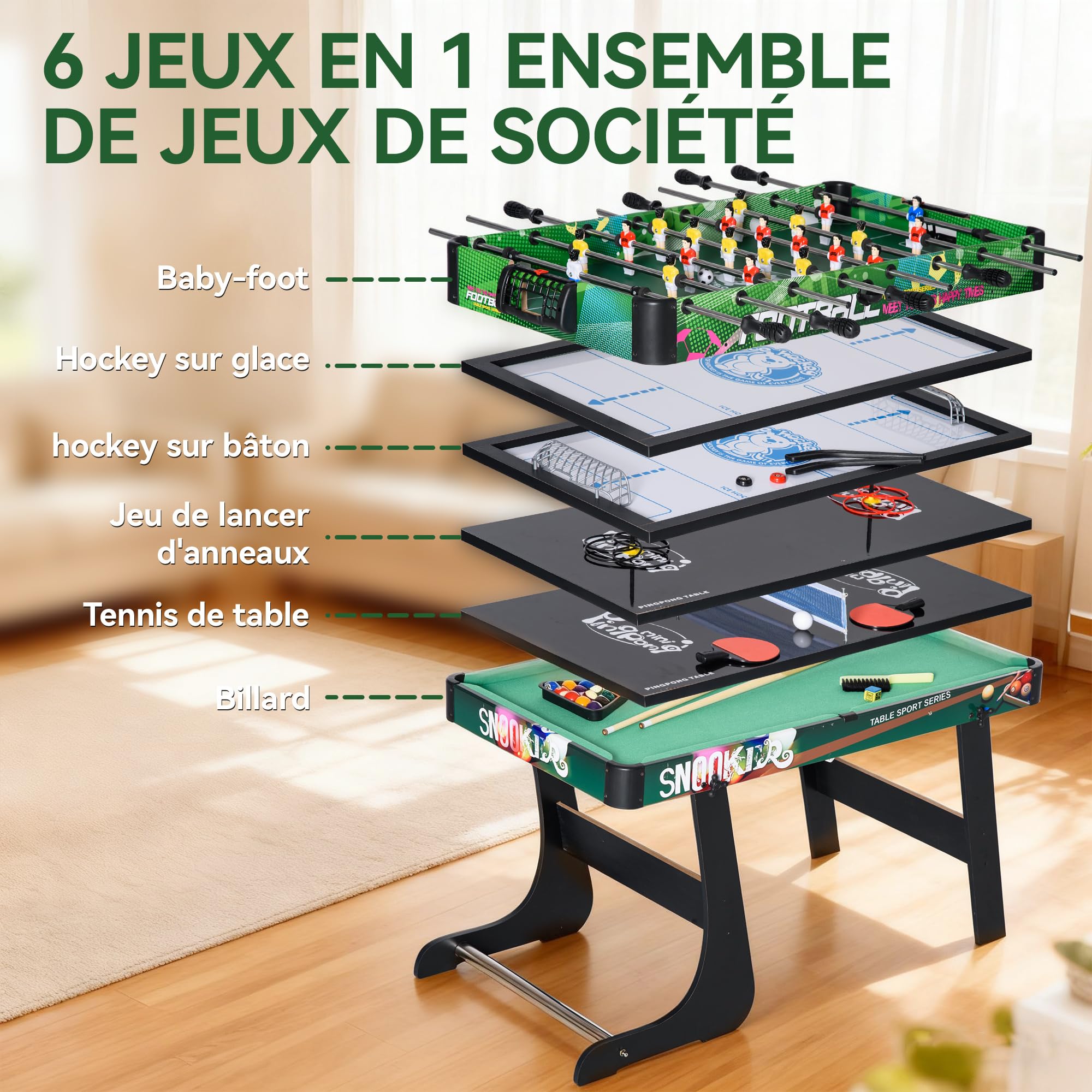 HOMCOM Table Multi-Jeux 6-en-1 Adultes Enfants 118x104x71 cm Multicolore | Table de Jeu Baby-Foot, Billard, Ping-Pong, Hockey, Jeu d'Anneaux, Hockey sur Glace