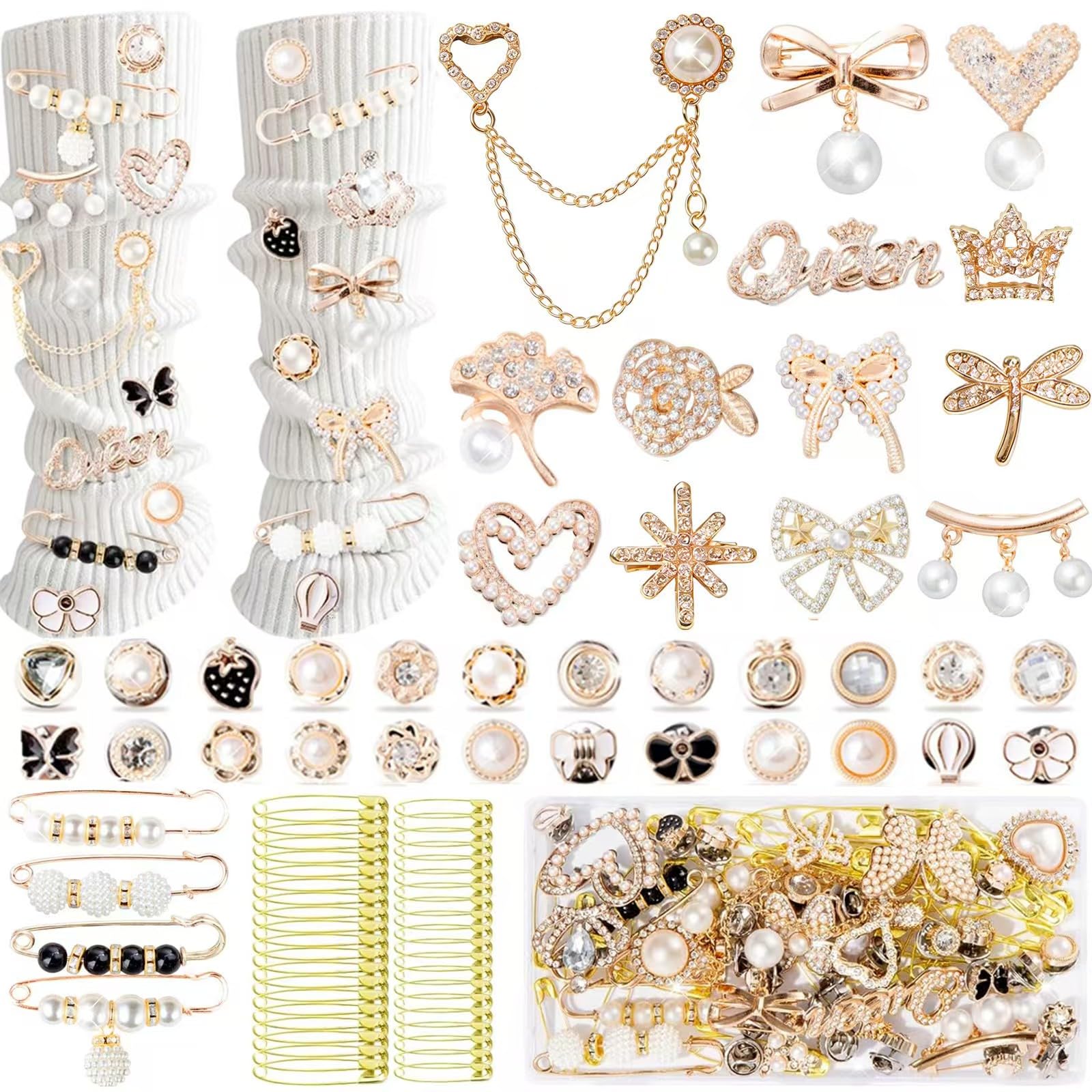 RQAYE 80pcs Junk Socks Charms Kit, Gold Brooches and Pins for Women,Pearl and Rhinestone Shoe Charms with Safety Pins for Hat Clothes Bags