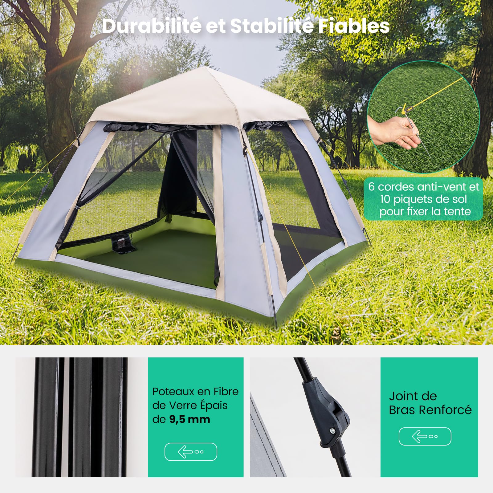 COSTWAY Tente de Camping Instantanée 2-4 Personnes, Tente Pop-up avec Auvent Amovible 2 Fenêtres en Maille 2 Portes Zippées Sac de Transport, Imperméable et Portable pour Camping Randonnée