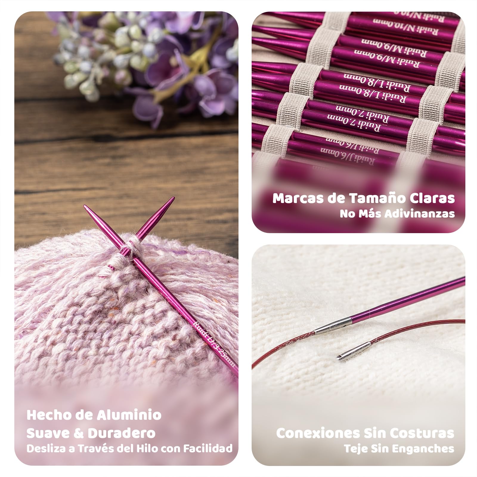 RUIDI Juego de Agujas de Tejer Circulares, Agujas de Tejer Circulares Intercambiables de Aluminio Ligero y Cálido Con Estuche y Accesorios, 13 Pares de Agujas Circulares de 2,75 mm a 10 mm (Fucsia)