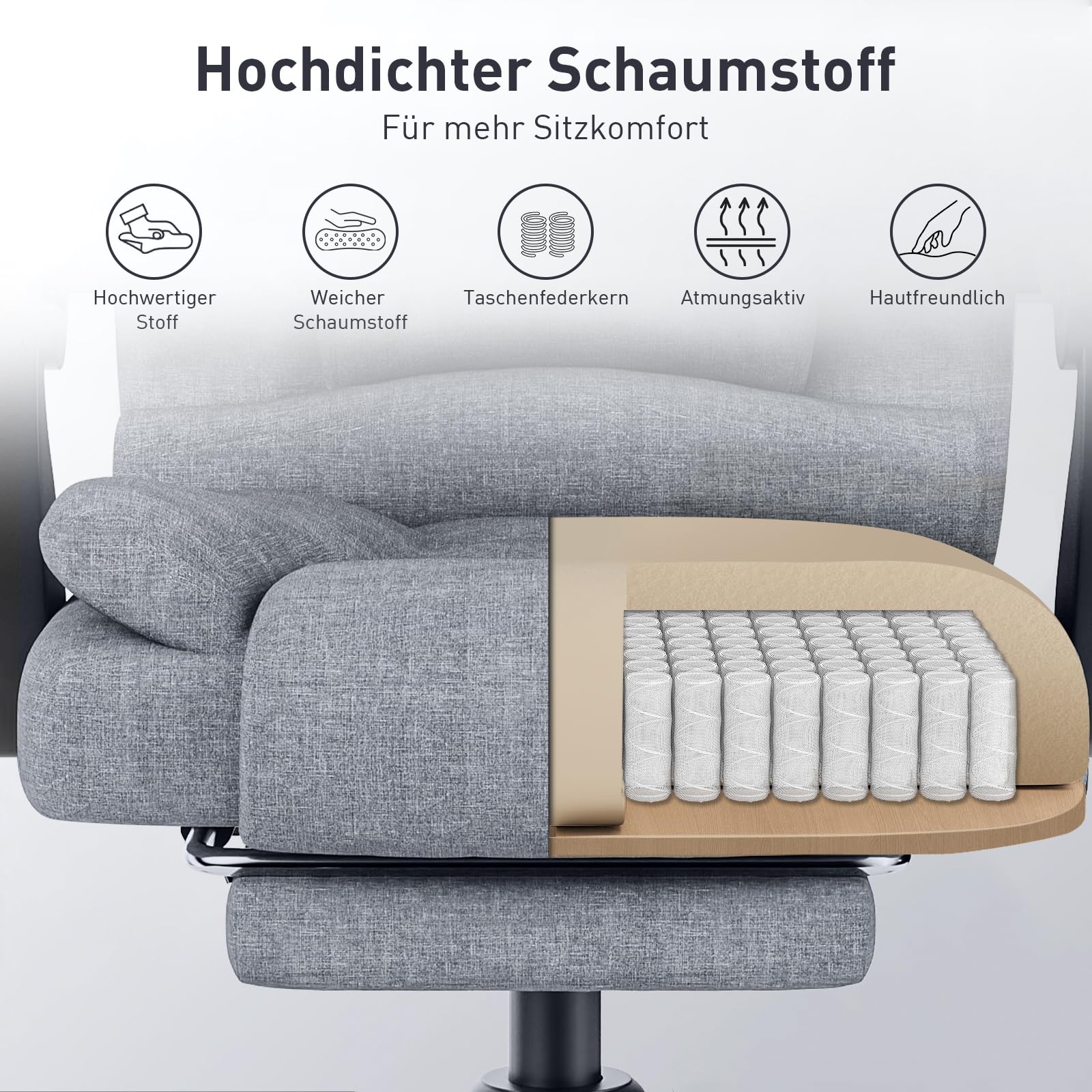 naspaluro Chefsessel Bürostuhl mit Fußstütze Ergonomischer Stuhl Stoff Grau | Schreibtischstuhl mit Hoher Rückenlehne Gepolsterter Armlehnen und Höhenverstellbar Neigefunktion, 360° Drehstuhl für Büro