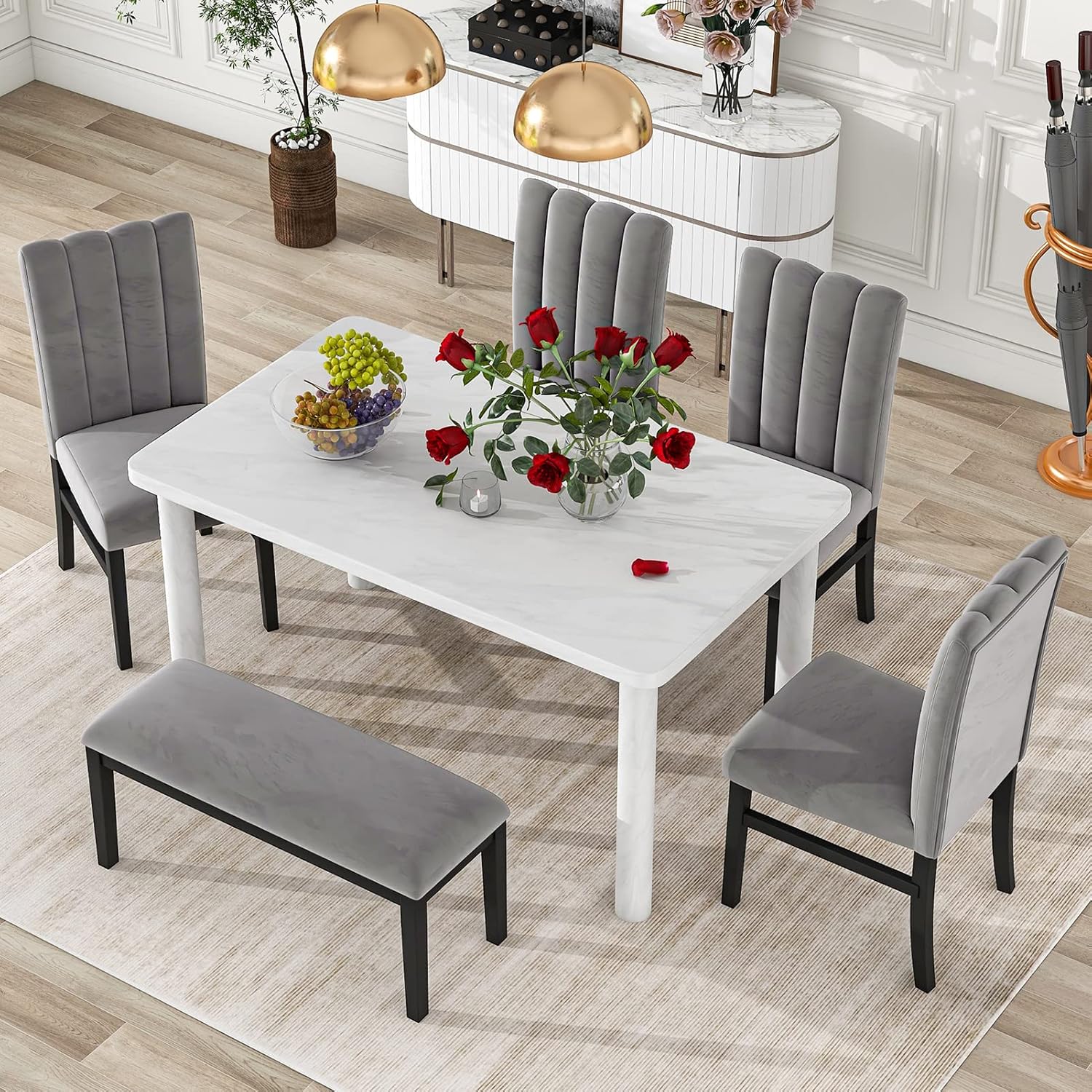 6 Piece Dining Table Set for 6, Faux Marble Style Kitchen