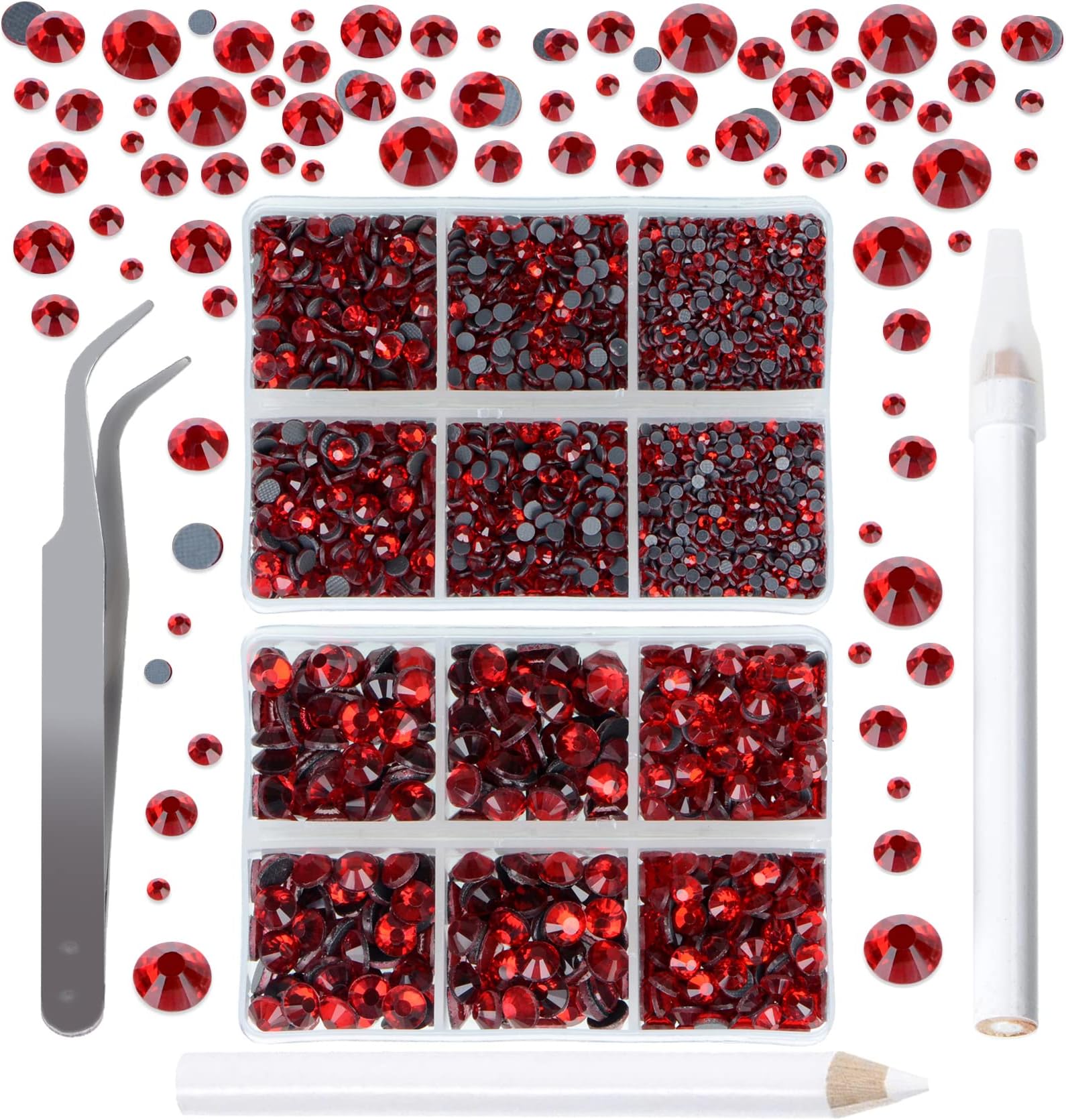 QOGIR 6300pcs Siam Hotfix Rhinestones for Crafts Clothes DIY with Tweezers and 2 Picking Pens Mixed Size Flatback Rhinestone