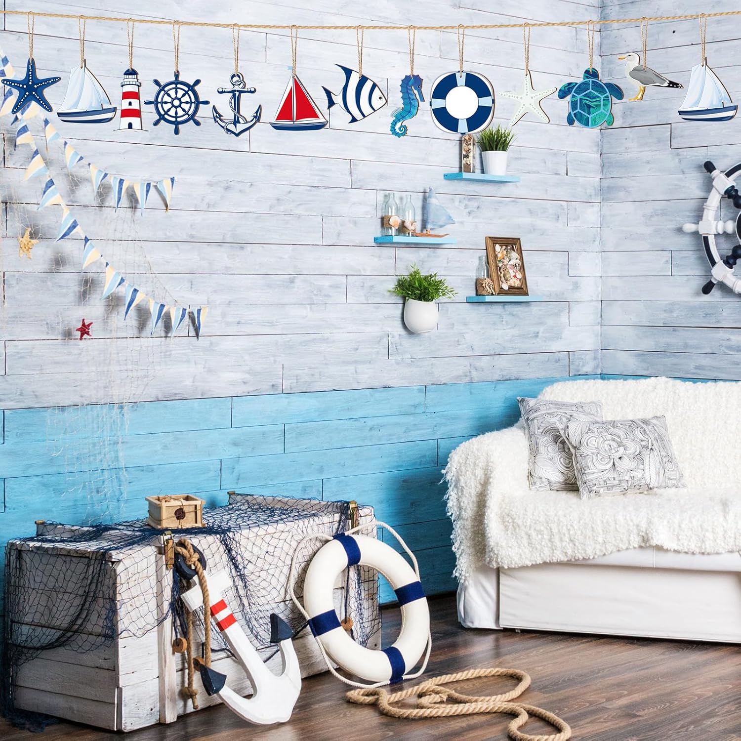 Tradder 36 Pcs Beach Wooden Ornaments for Tree Nautical Hanging Decorations Wood Beach Tree Ornaments Mini Anchor Sea Life Starfish Sailboat Coastal Decor for Summer Home Fishing Net Craft Sailor Gift - Image 5