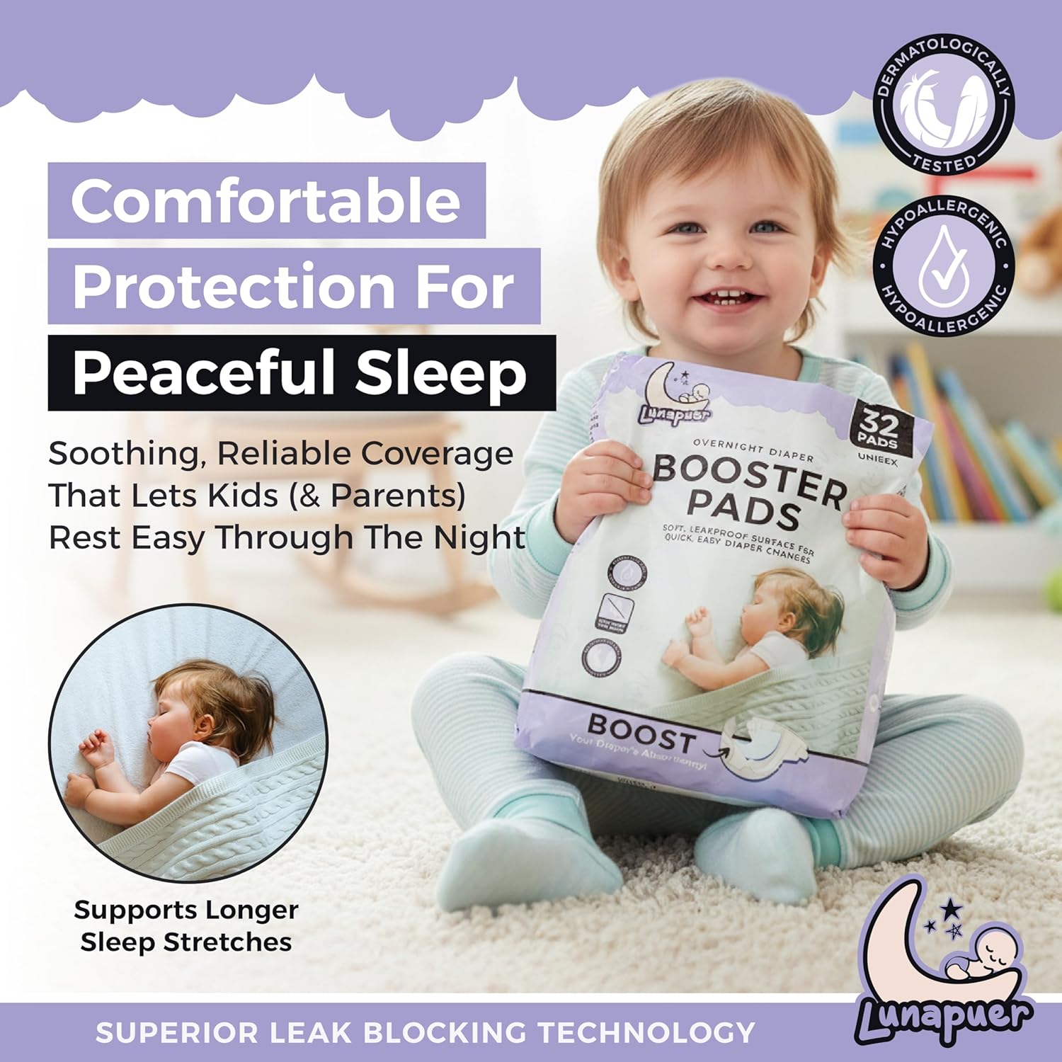 Diaper Booster Pads Overnight – Adhesive Diaper Inserts for Boys & Girls – Overnight Liners for Sizes 4–6 – Stops Leaks, Reduces Rash – Booster Pads Baby (32 ct.) - Image 2