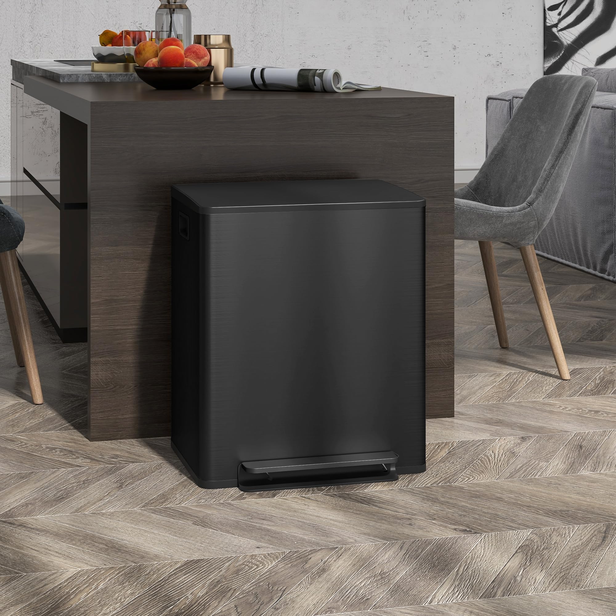 HOMCOM Poubelle à Double Compartiment 2x25L Acier Inoxydable Noir Mat | Poubelle de Cuisine à Pédale, Tri Sélectif, Seaux Intérieurs, Couvercle à Fermeture Douce, Maintien en Ouverture, Poignées