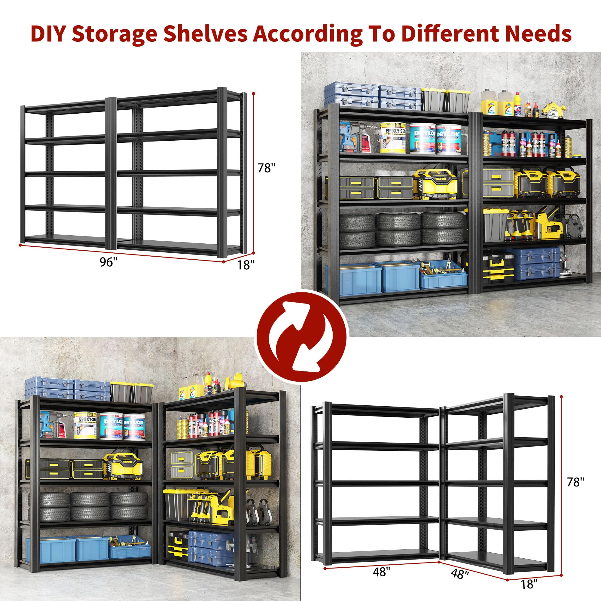 Garage Storage Shelves,Garage Shelving 2000lbs Heavy Duty Adjustable Steel Shelves 5 Tier Metal Shelf Organizer Storage Racks Tool Shelf and Industrial Shelving Warehouse Garage Unit: 78"*47.2"*18"