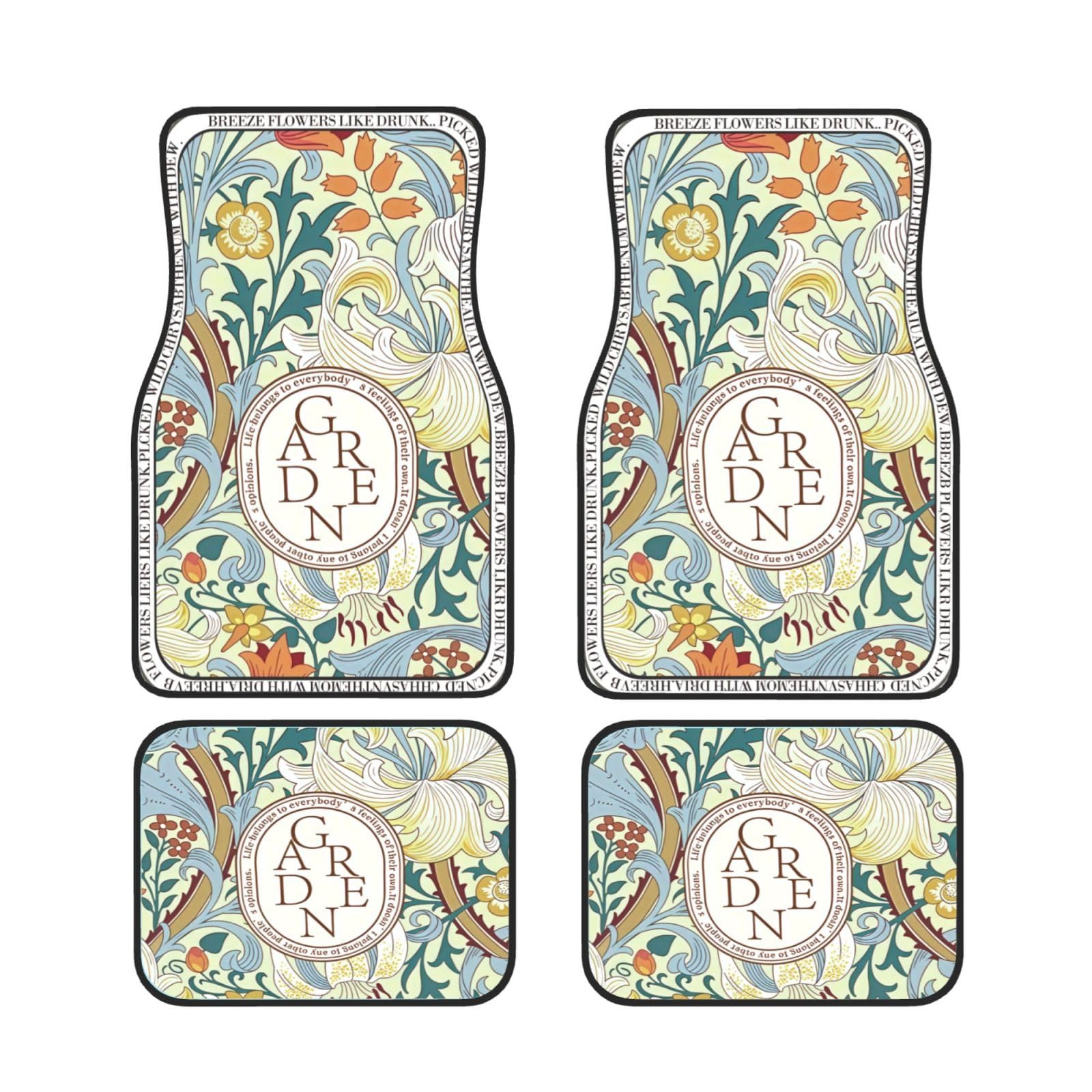 Artistic Fabric Car Floor Mats-Non-Slip Rubber Backing Vintage Flowers Front Rear Set-Water Absorbing Durable Automotive Floor Mat Rug