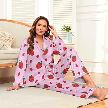 YYZZH Red Strawberry Pattern Pink Striped Women Pajama Set