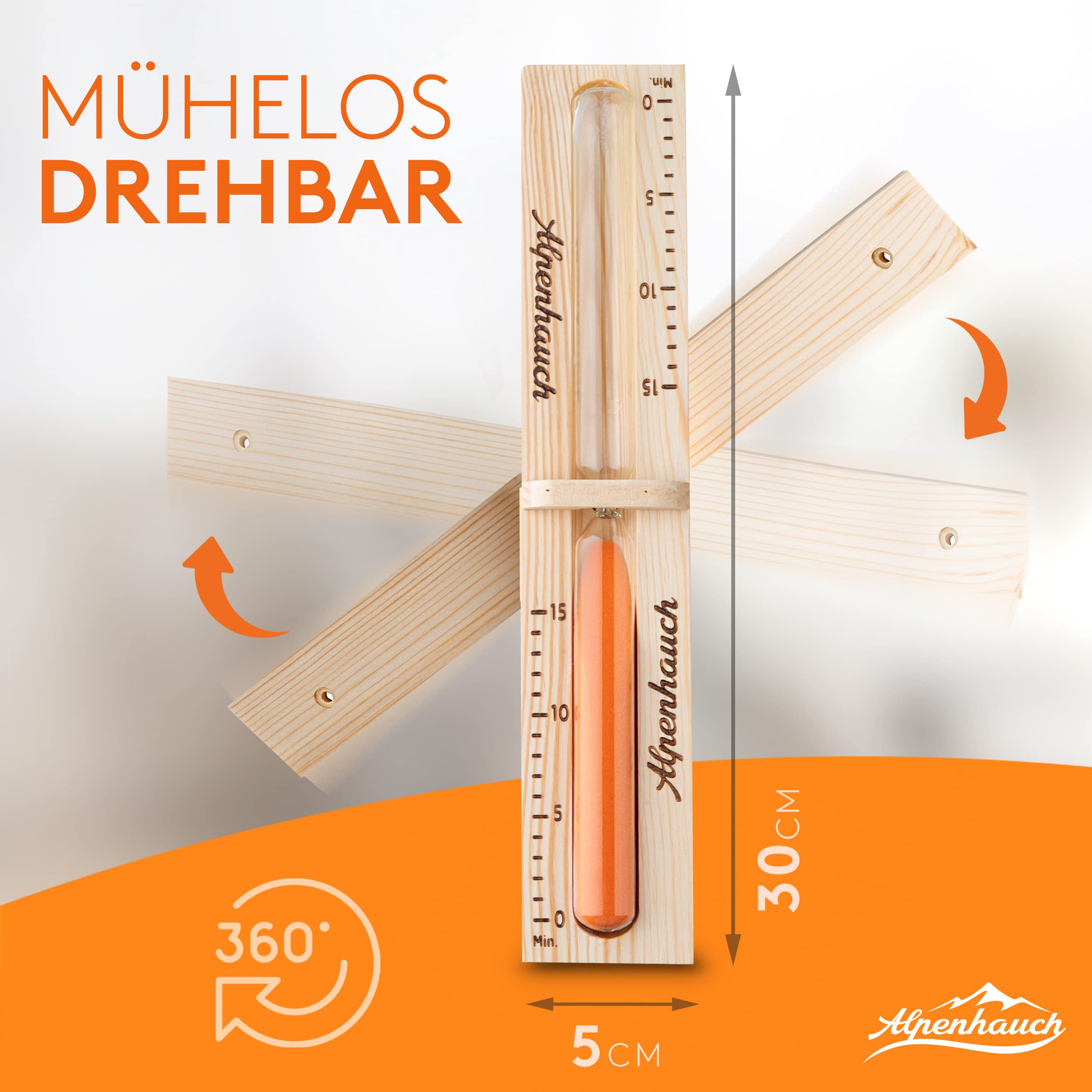 ALPENHAUCH Reloj de arena para sauna de 15 minutos de madera 100% natural, elegante reloj de sauna con arena ultra fina, reloj de sauna giratorio 360°, de madera para sauna y accesorios de montaje