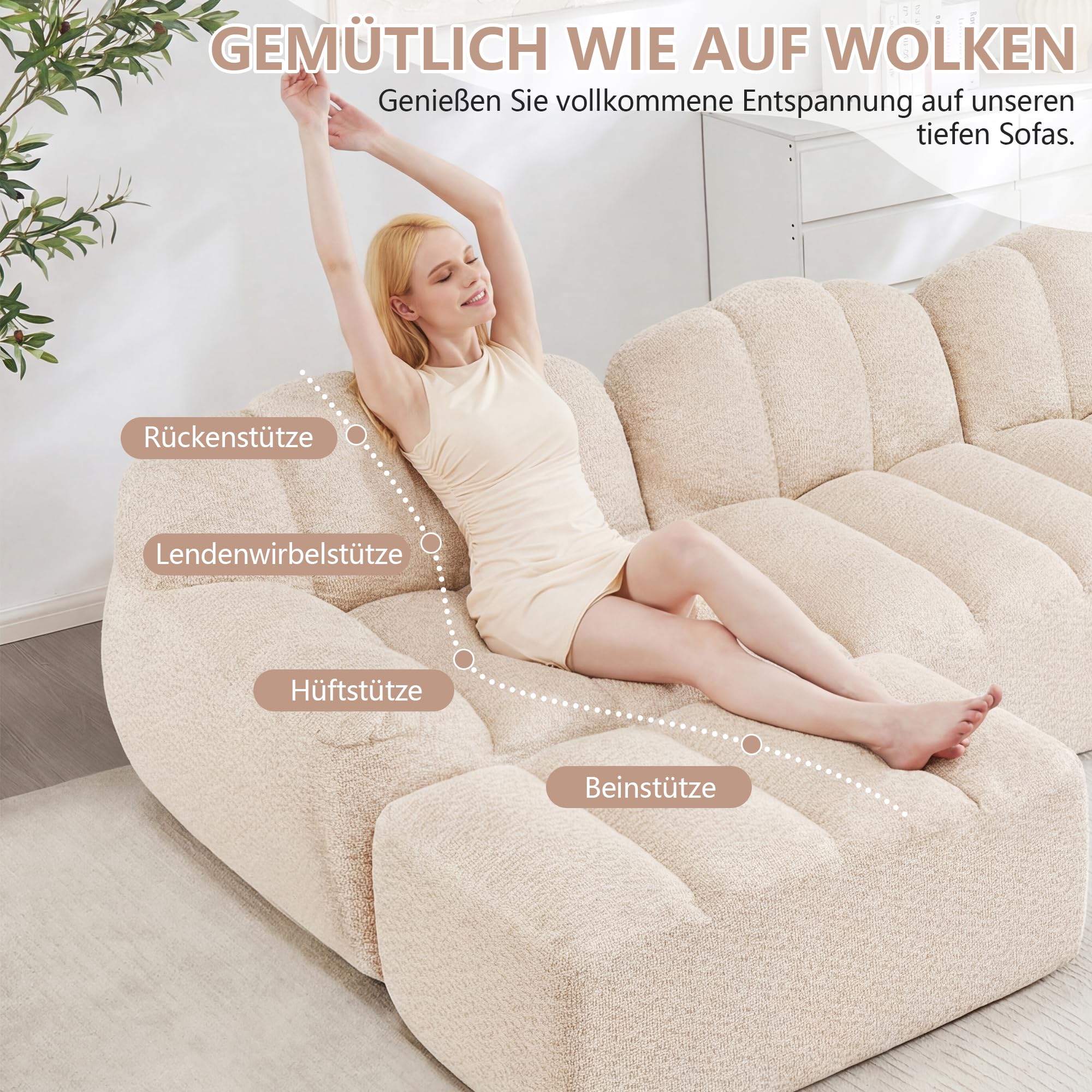 3-Sitzer Modulares Sofa – Boneless Couch aus 32D Hochdichtschaum, Tiefe Sitzfläche, für Wohnzimmer, weicher Cord Stoff – als Cord Sofa mit Schlaffunktion und Bettkasten