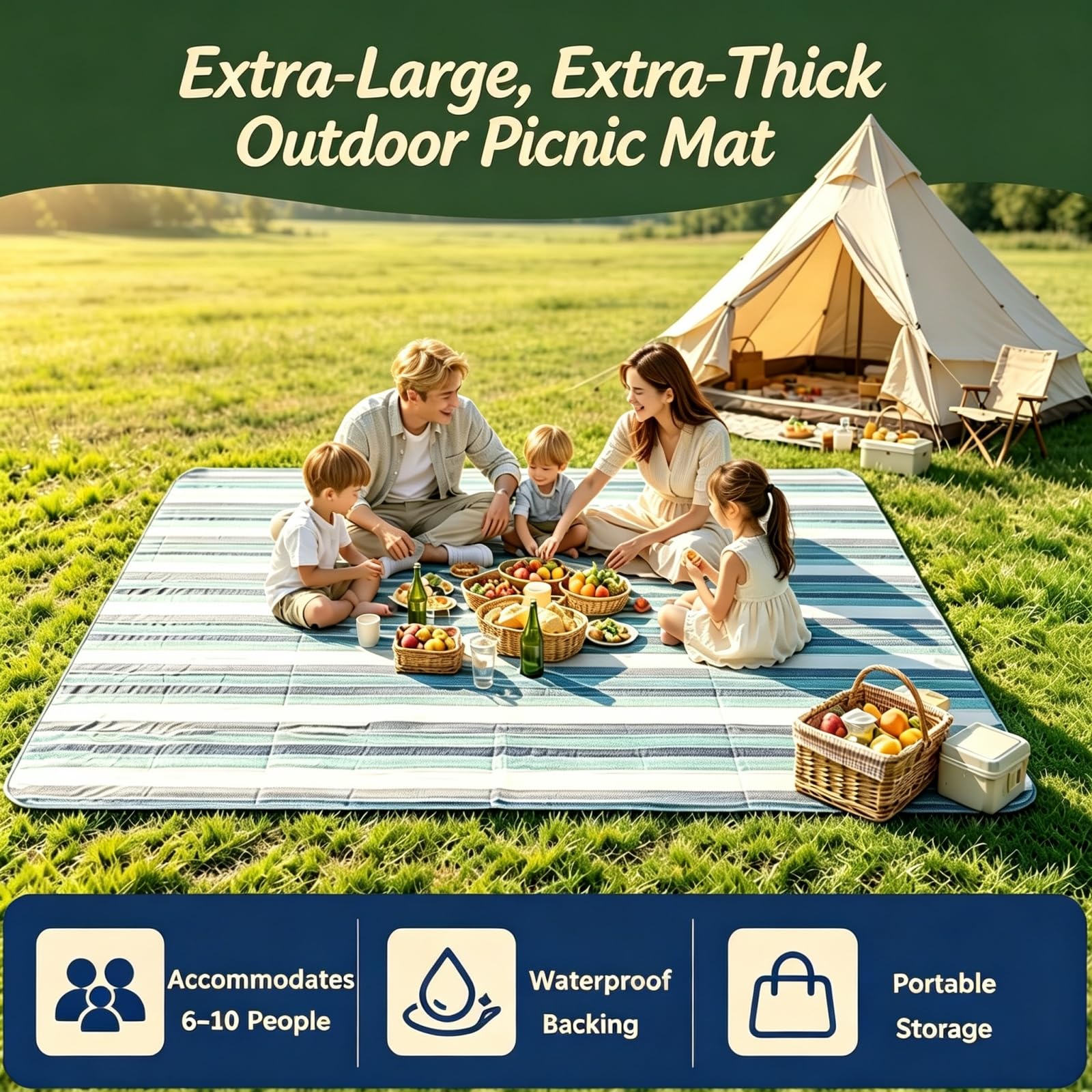 Manta de picnic extragrande de 2 x 3 m de grosor, impermeable, a prueba de arena, portátil, para camping, parque, excursiones familiares