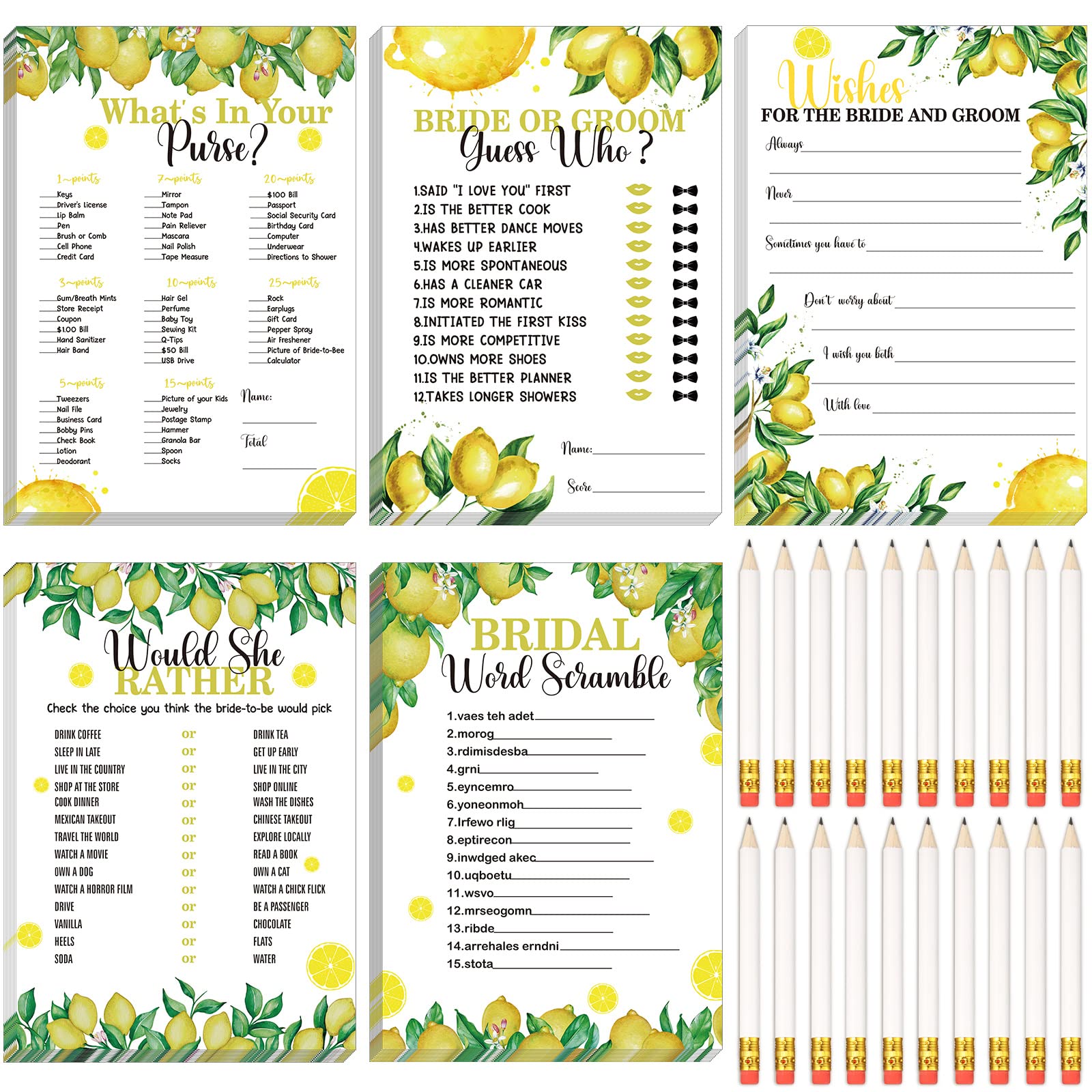 145 Pieces Lemon Bridal Shower Game Bridal Shower Favors Wedding Shower Games Set Include Wedding Games Cards and Pencils for Bride Groom Bachelorette Party Wedding Shower Party Favor