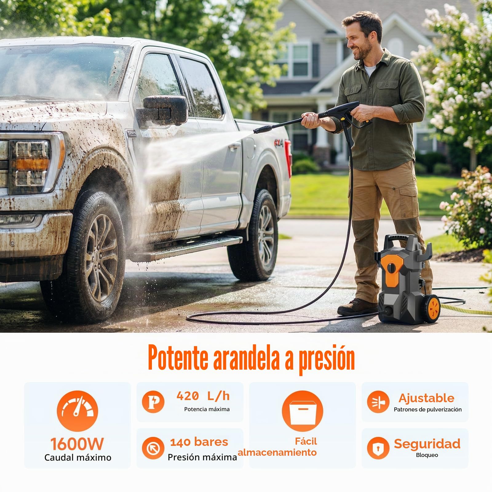 Hidrolimpiadora de Alta Presion, 1600W 140Bar Presión de Trabajo, Caudal 420L/H, con Boquilla Ajustable Pistola y Manguera de 8M Cable de 2M, con Boquilla de Espuma, para Coches, Vallas, Patios, Hogar