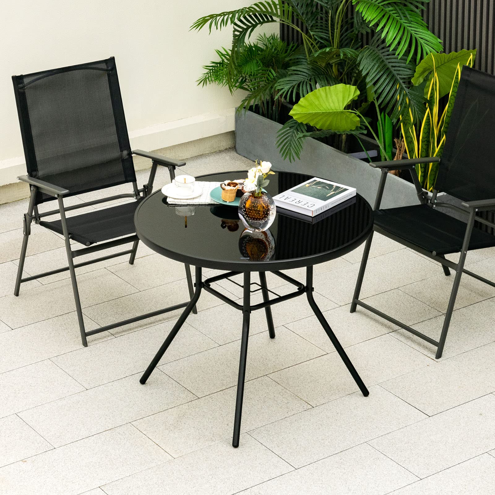 GIANTEX Table Bistrot 86 cm, Table à Manger de Jardin avec Trou pour Parasol de 3,5 cm, Plateau en Verre Sérigraphié, Cadre en Métal, Table d'Appoint Ronde, pour Jardin, Terrasse, Noir