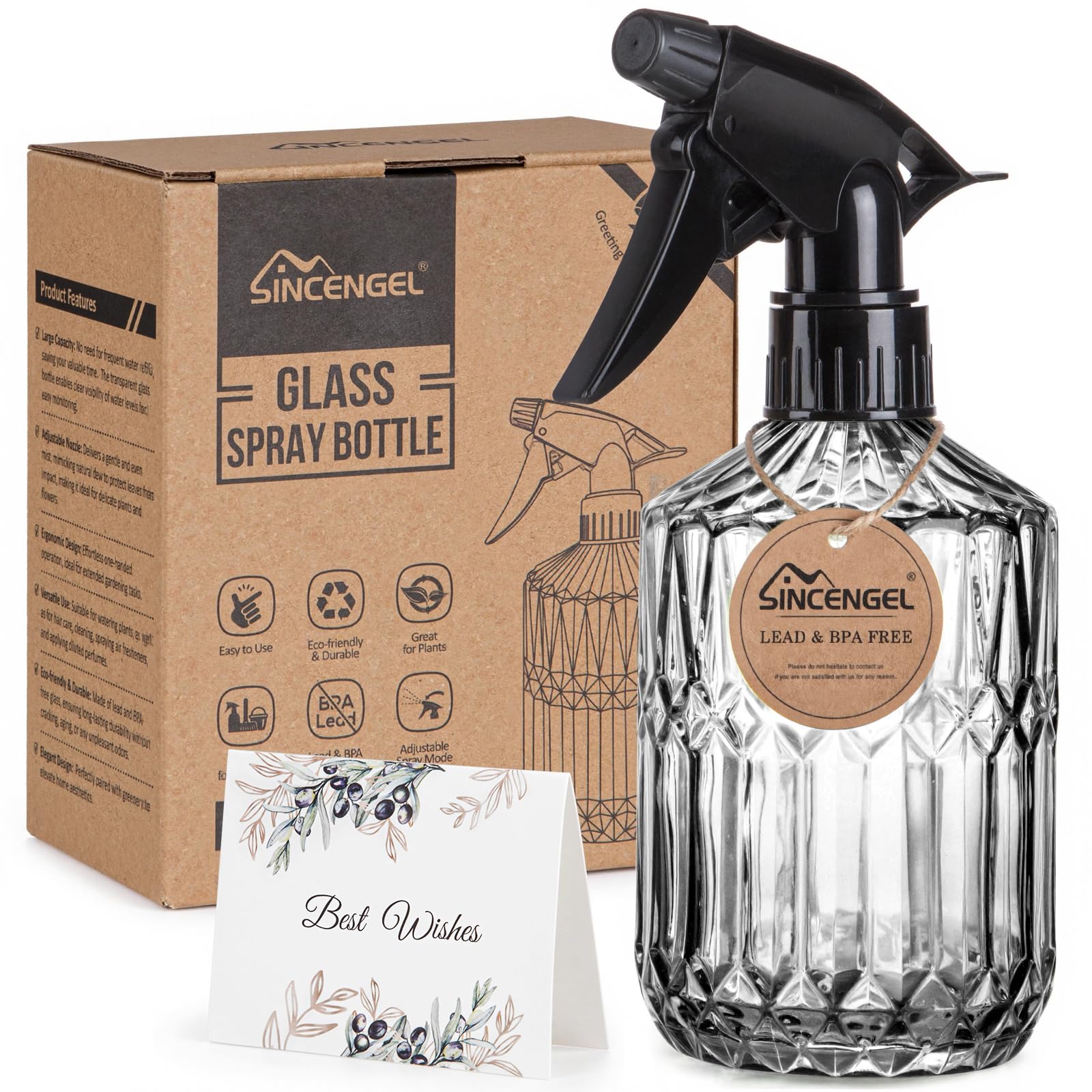 Plant Mister Spray Bottle, 13.5 oz Leak Proof Glass Spray Bottle for Inside Plants, Succulents, Herbs, Cleaning, Hair Care, Refillable Fine Mist Sprayer with Adjustable Mist Nozzle (Grey)