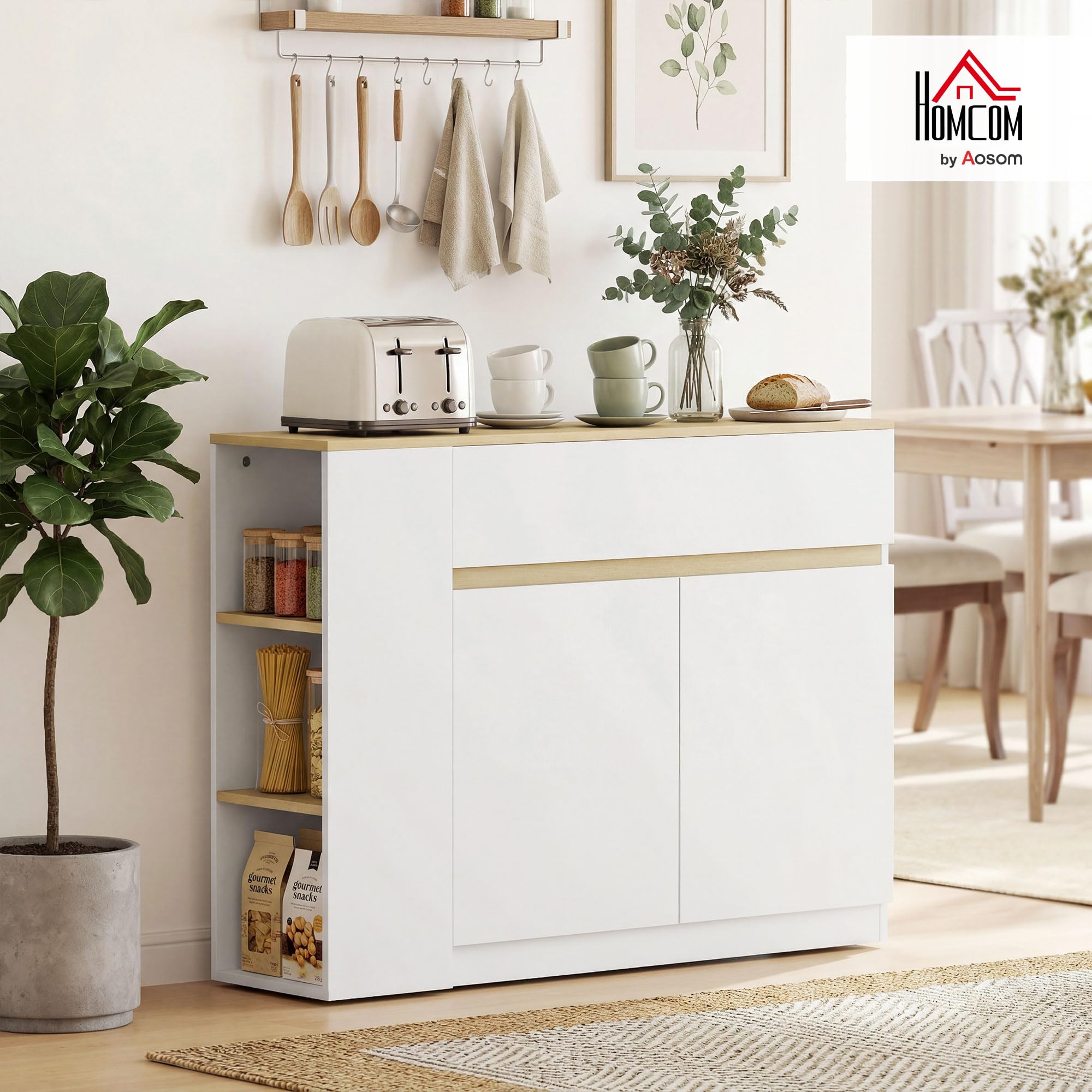 HOMCOM Buffet, Meuble de Rangement, avec Placard 2 Portes, étagère réglable, 2 tiroirs, 3 étagères Ouvertes, 110 x 29,5 x 82 cm, pour Salle à Manger, Salon, Cuisine, Blanc