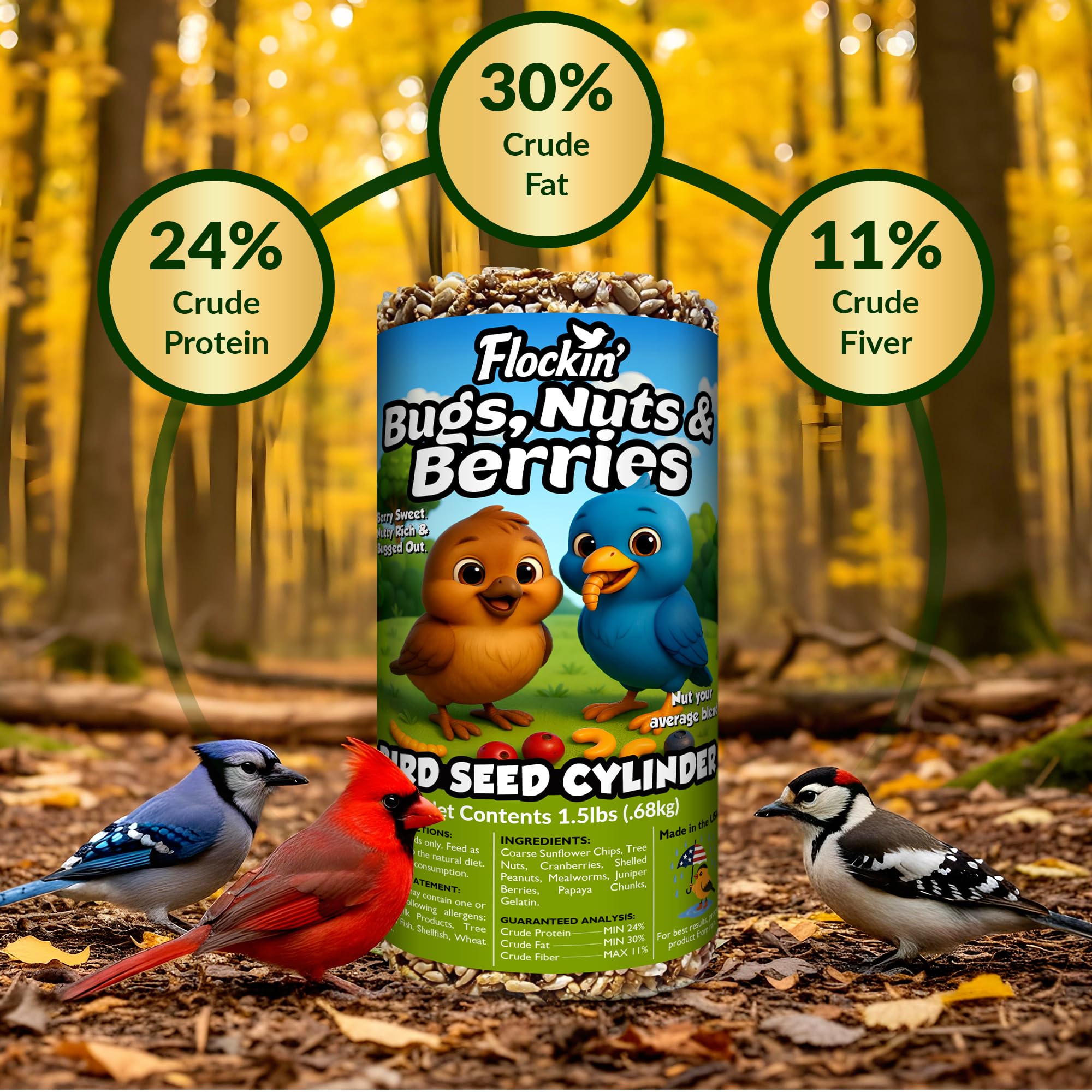Cilindro de semillas de pájaros con agujero, frutos secos y bayas, alimento para pájaros carpinteros, Blue Jays, trepadores y más, mezcla natural rica en proteínas de alta calidad, sin rellenos