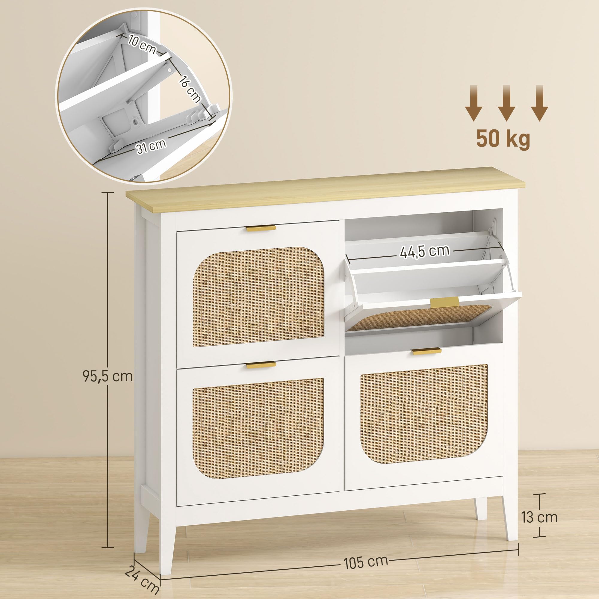 HOMCOM Zapatero Estrecho con 4 Puertas de Ratán Zapatero Entrada Recibidor con Estantes Ajustables para 20 Pares de Zapatos 105x24x95,5 cm Blanco