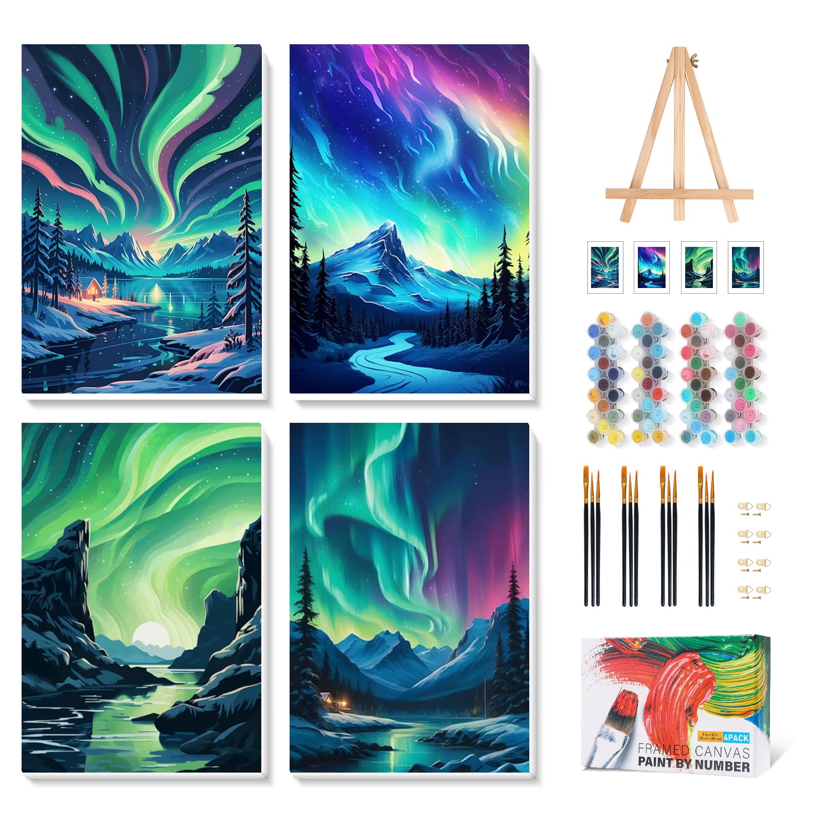 4 Pack Paint by Numbers for Adults with Frame, Aurora Paint by Numbers with Wooden Easel for Beginner, Starry Sky Adult Painting by Number Canvas Kits with Framed for Gift Home Decor 8 x 12 Inch
