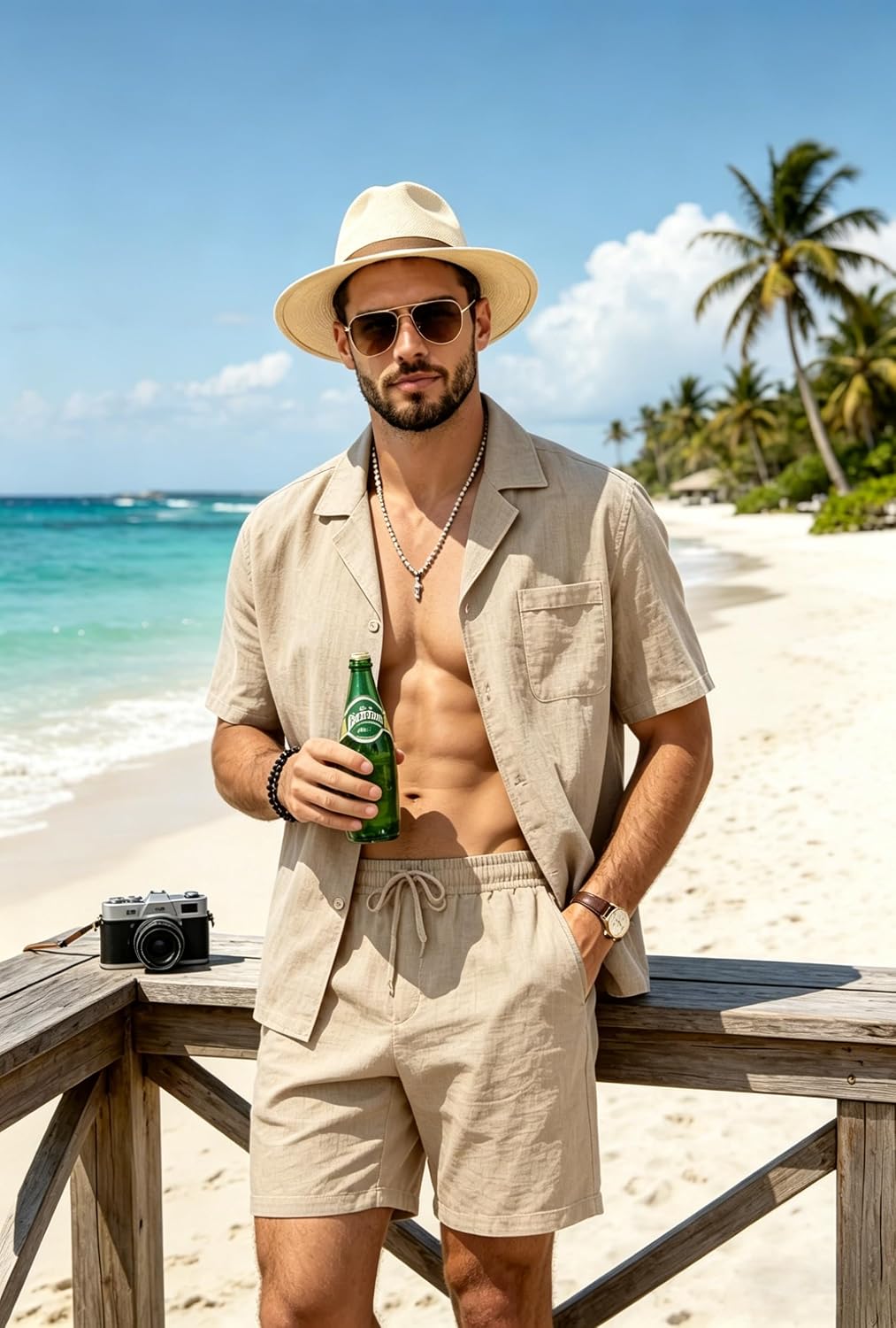 SWOMOG Men's 2 Piece Outfits 100% Cotton Short Sleeve Button Down Shirt & Shorts Set Casual Summer Beach Vacation Outfits,Beige, Large