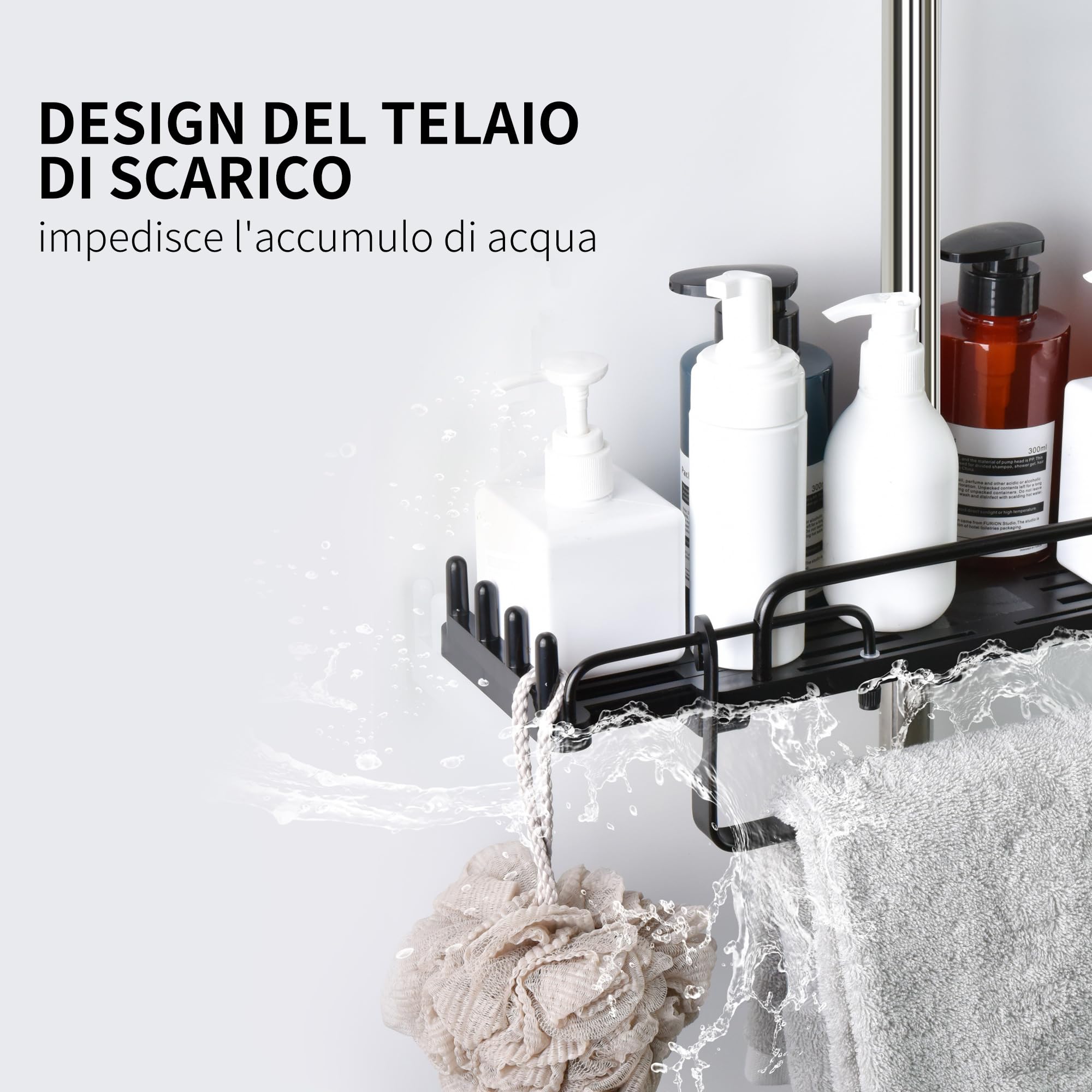 Lolypot Mensola per Doccia Senza Foratura, telescopica, 32-48 cm, Asta Doccia con Porta Asciugamani, per Il Bagno, per la Doccia, per Asta Doccia da 18mm a 25mm (Nero)