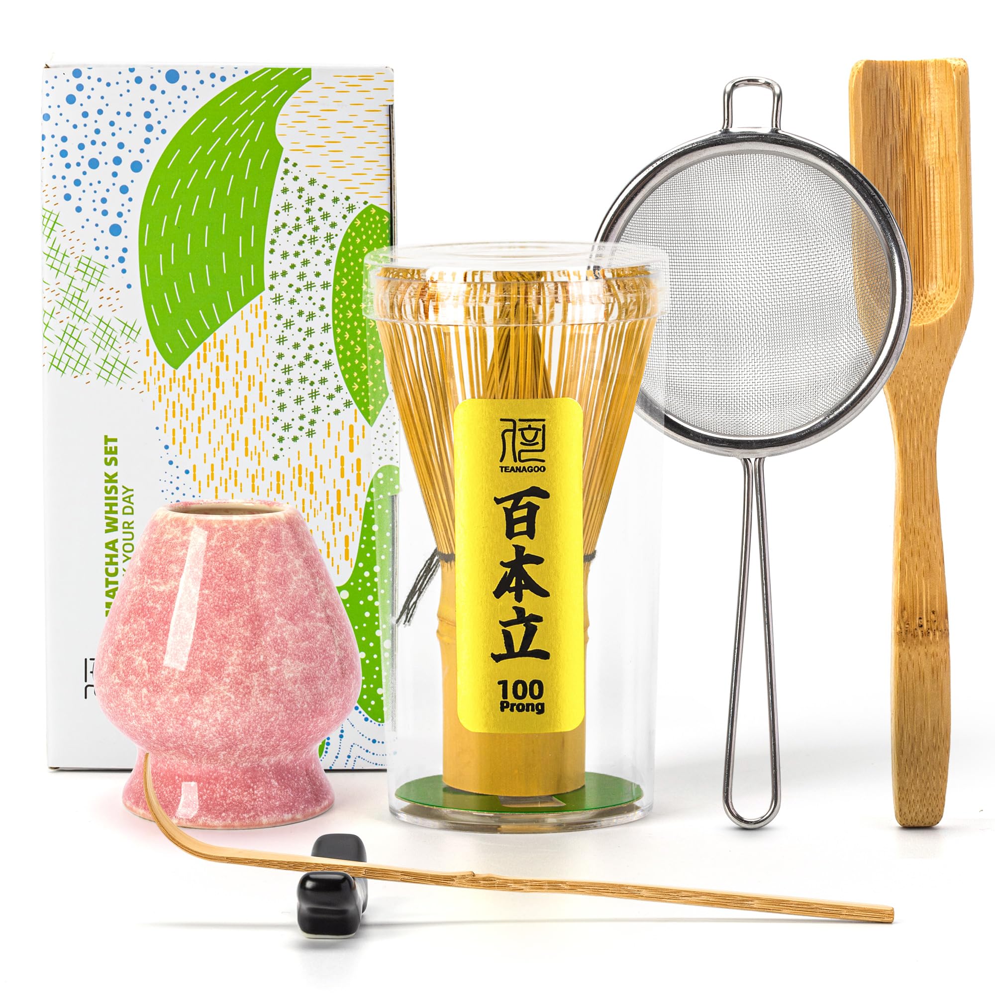 TEANAGOO Matcha Whisk Set,Matcha Whisk (100 prongs) with Pink Holder,6-PCS Traditional Starter Set,Scoop (Chashaku),Tea Spoon,Bamboo Chasen for Making Latte,Ceremony Accessory,Gife for Friend/Family
