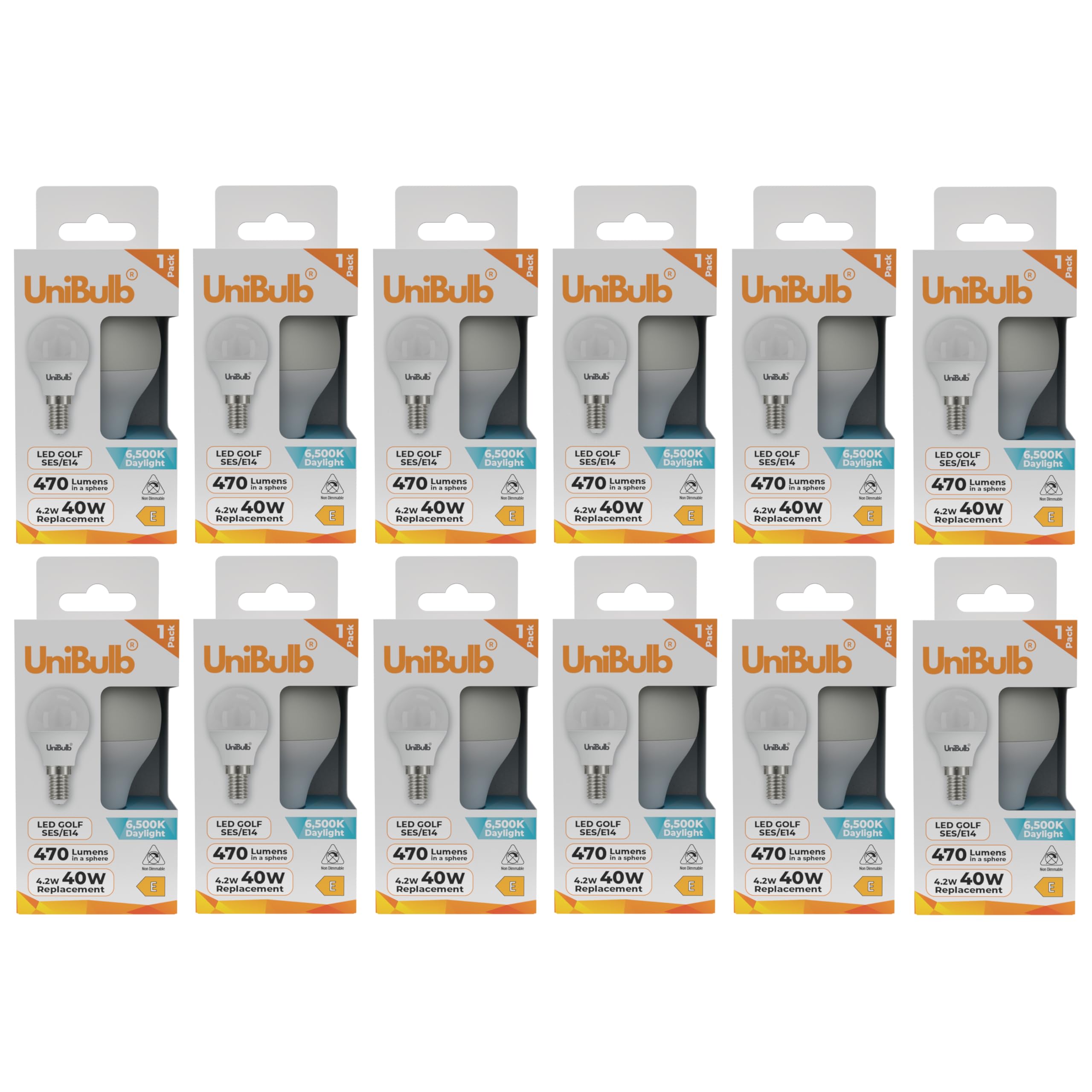 Unibulb E14 Energy Saving LED Light Bulb, Small Edison Screw (SES), 4.2W, 470lm, Replaces 40W, Daylight 6500K, Golf Ball Bulb, P45, 220-240V, Non-Dimmable, 25,000hr lifespan (12)