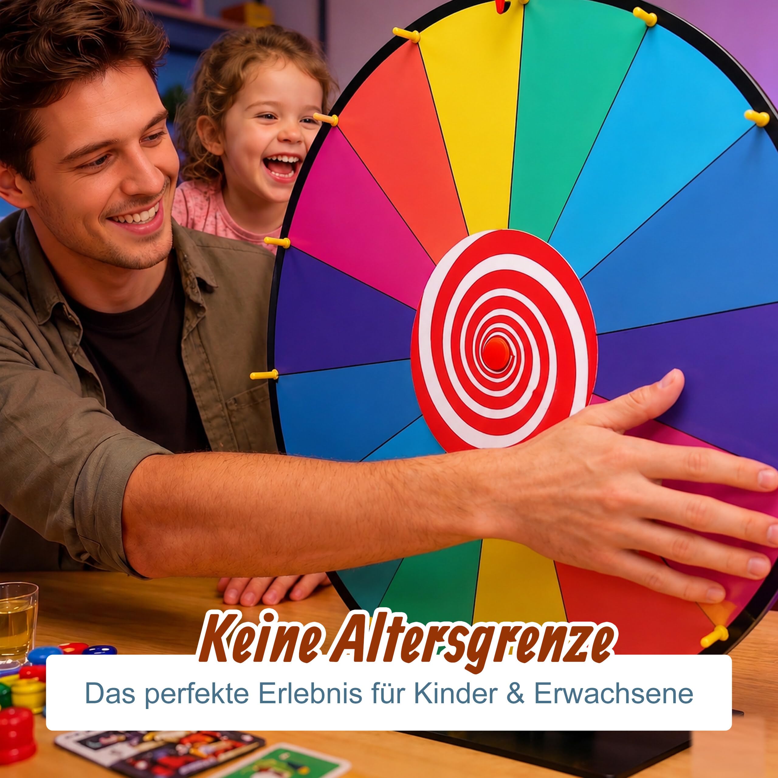 Relaxdays Glücksrad zum Drehen, 60 cm, Drehrad Tisch, 14 Slots, bunt