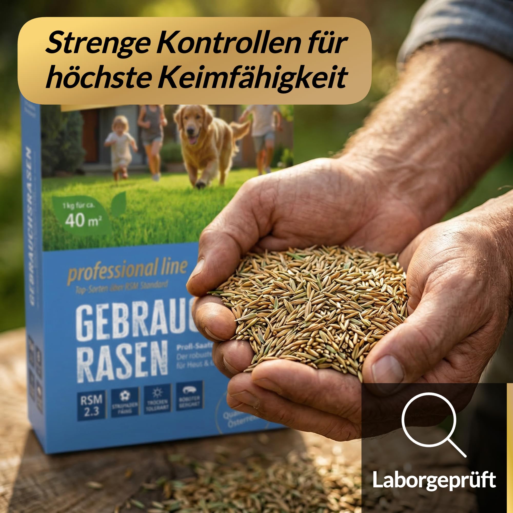 Hesa Professional Line Graines de gazon d'utilité 5 kg pour 200 m² RSM 2.3 Graines de gazon à germination rapide pour gazon de sport et de jeu, graines d'herbe résistantes et robustes de qualité