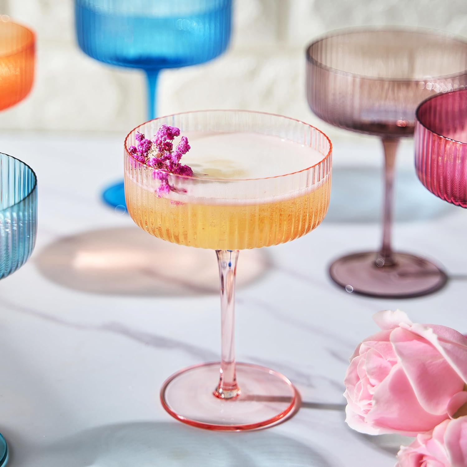 Ribbed Vintage Art Deco Coupe Glasses | 10 OZ Glass, 6-Set | Martini, Champagne & Cocktail Ribbed, Winter Bright Colored Crystal Glassware - Goblet Stemmed Ripple Glassware, Housewarming (Pastel) - Image 5