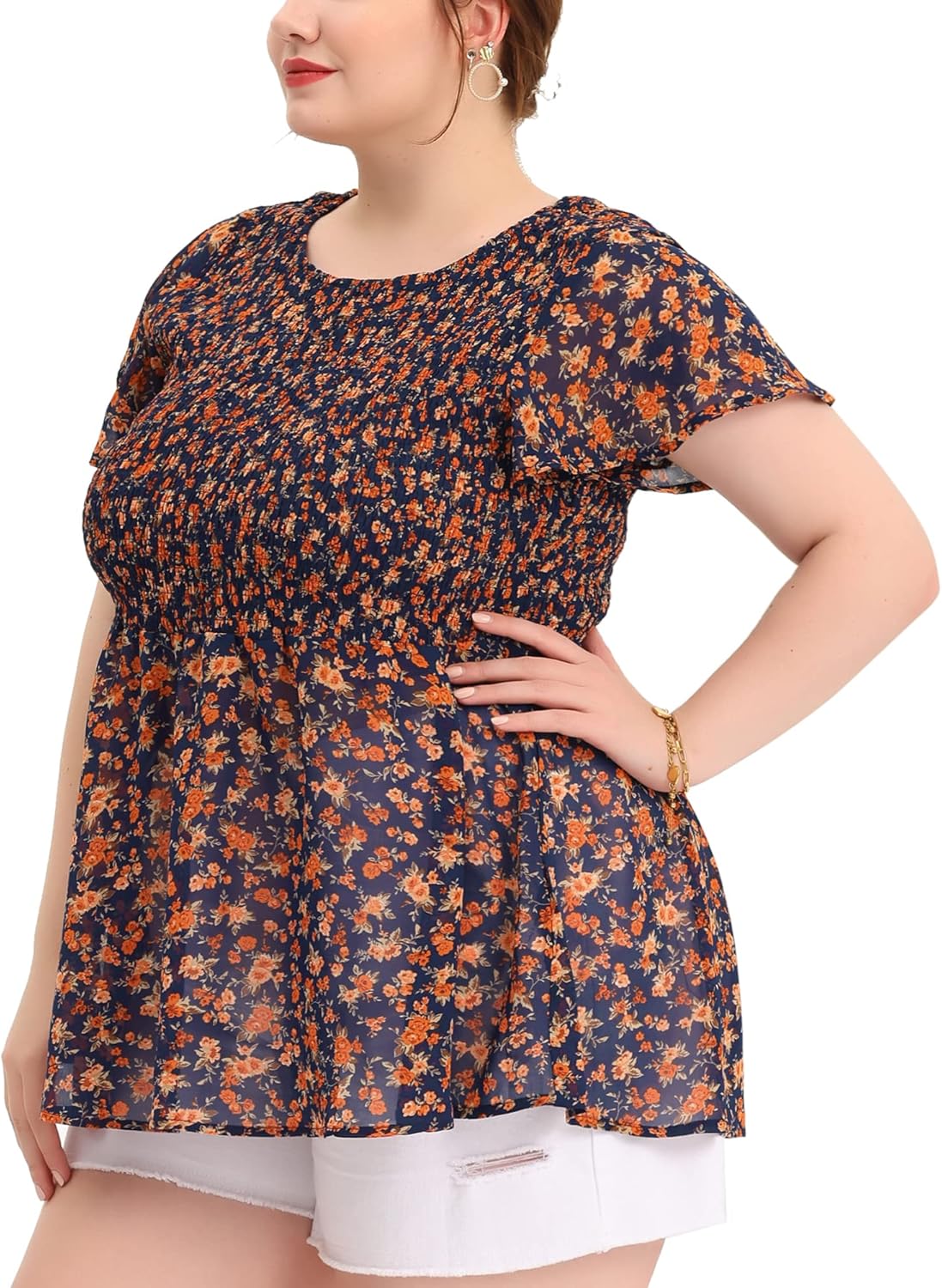 Agnes Orinda Plus Size Chiffon Blouses for Women Summer Flare Short Sleeve Smocked Ditsy Floral Peplum Top