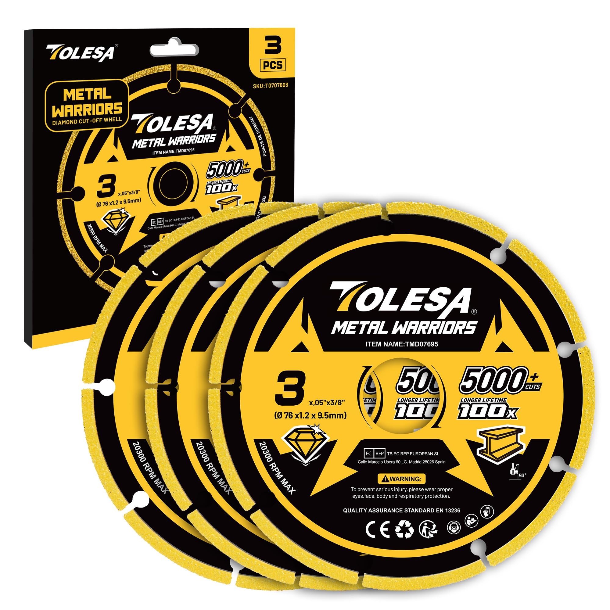 TOLESA Diamond Cutting Wheel 3 x 3/8 Inch for Metal, Cut Off Wheel with 5000+ Cuts on Rebar, Steel, Iron and INOX, 3 Pack