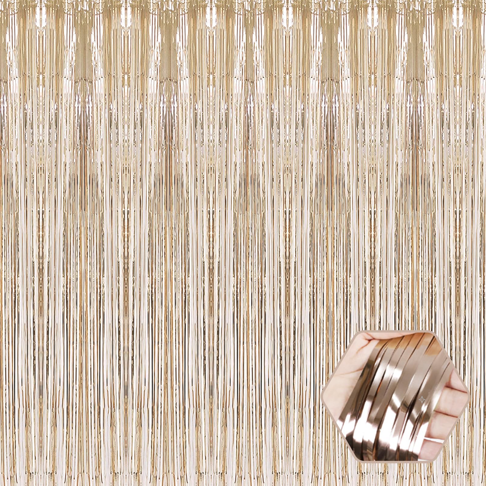 6 Pack Champagne Gold Foil Fringe Curtain Backdrop, 3.28Ft x 6.6Ft Metallic Tinsel Foil Fringe Streamer Curtains for Photo Booth, Christmas Day,