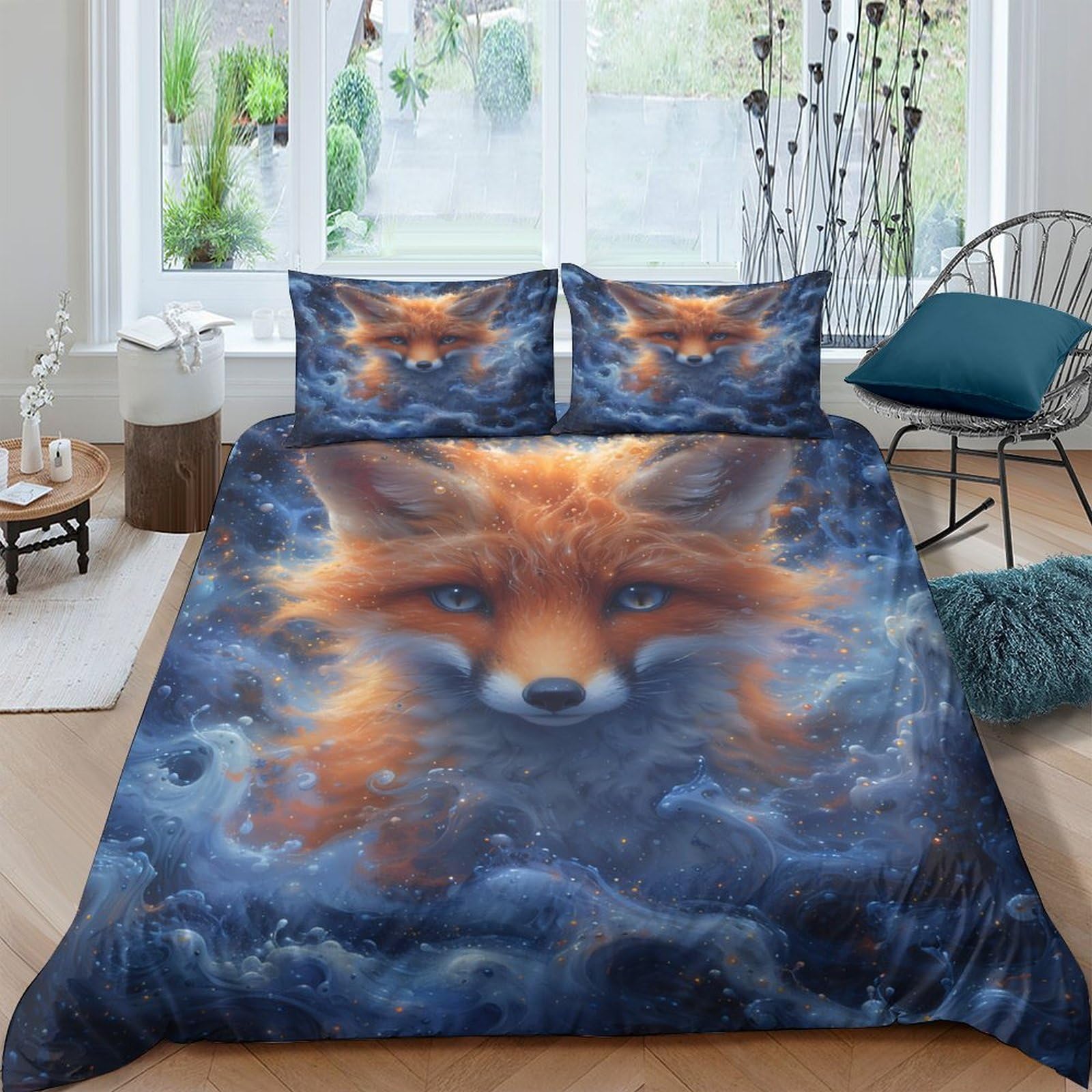 Ctjqhvkz Style-2 3D Printed Fox Forest Fitted Sheet Microfiber Soft Blue Animal Mattress Cover For Bedroom Home Decor Dustproof Washable Single（135X200cm）