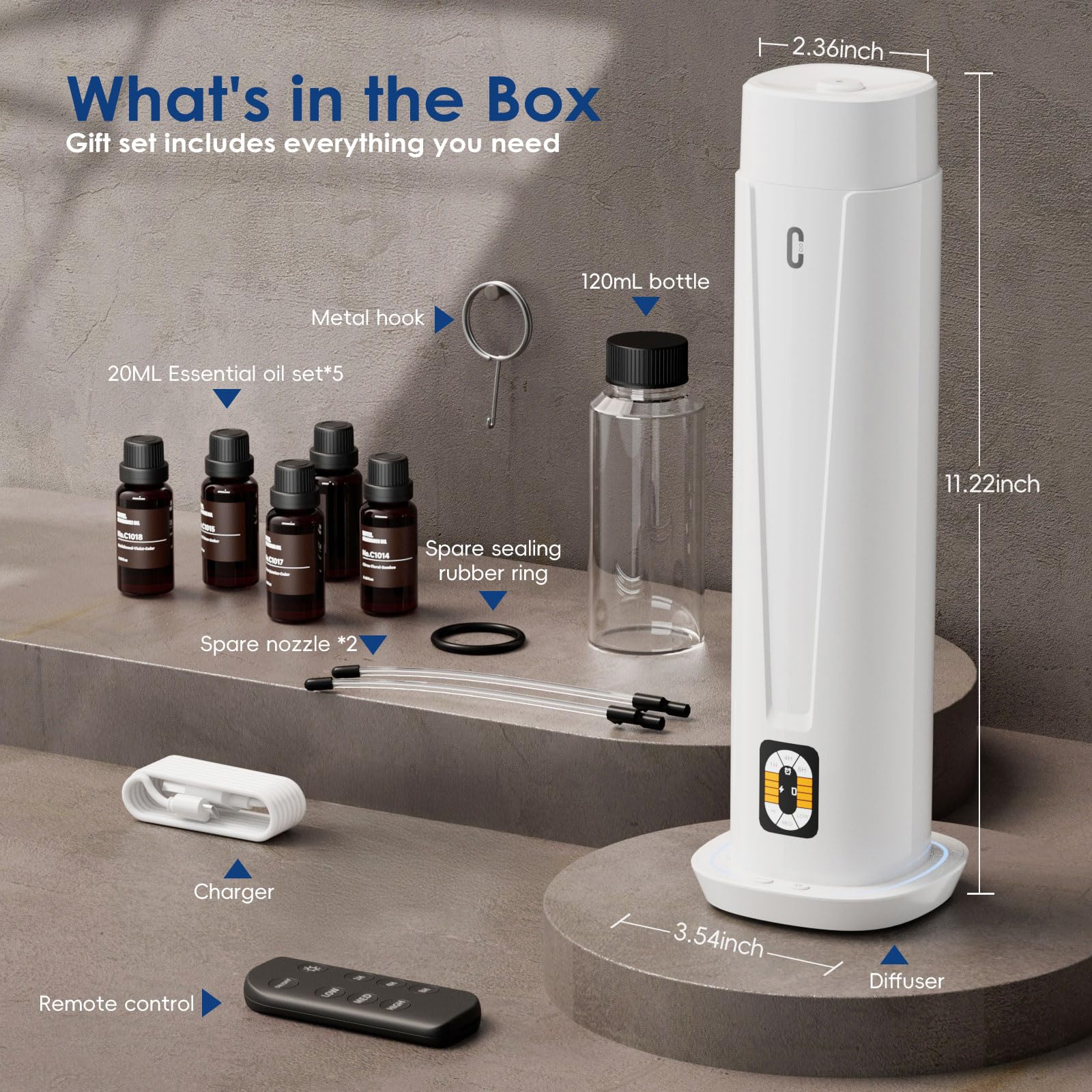 Diffuseur de parfum sans eau – Couverture de 1 200 m², diffuseur d'huiles essentielles avec télécommande, diffuseur d'aromathérapie silencieux avec lumière LED et minuterie, machine à air parfumé pour