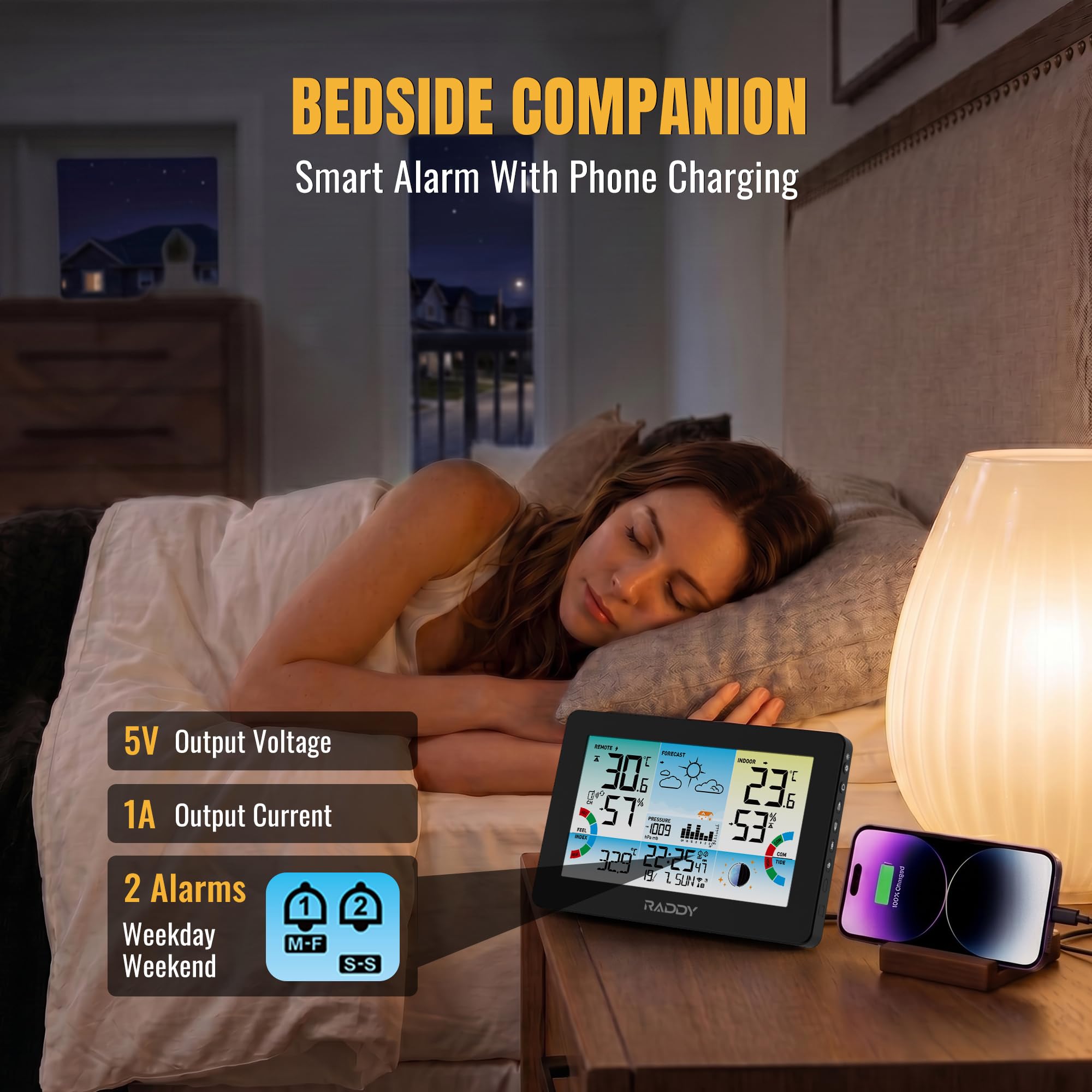 Raddy HW75 Stazione Meteo Wireless, Schermo a Colori 7,5", Termometro Igrometro Interno Esterno, Pressione Barometrica, Orologio Atomico, Indice di Calore, Punto di Rugiada, Fase Lunare, Giardino