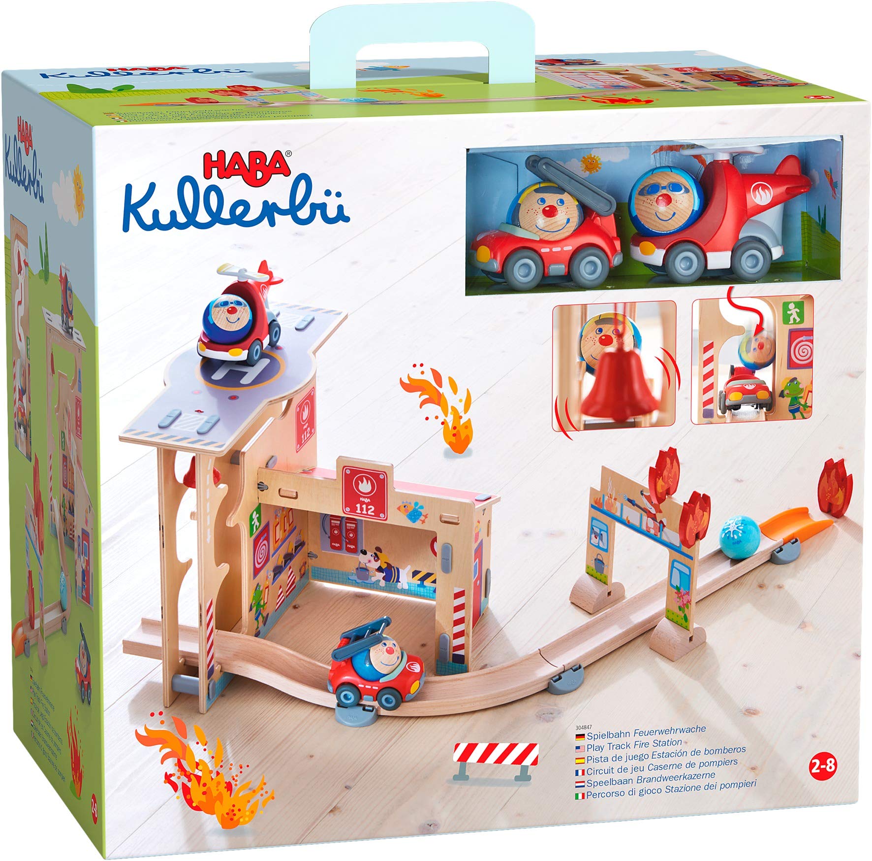 HABA 304847 - Kullerbü – Spielbahn Feuerwehrwache, Holzkugelbahn mit vielen Spieleffekten, Feuerwehrauto und Feuerwehrhubschrauber, Motorikspielzeug ab 2 Jahren