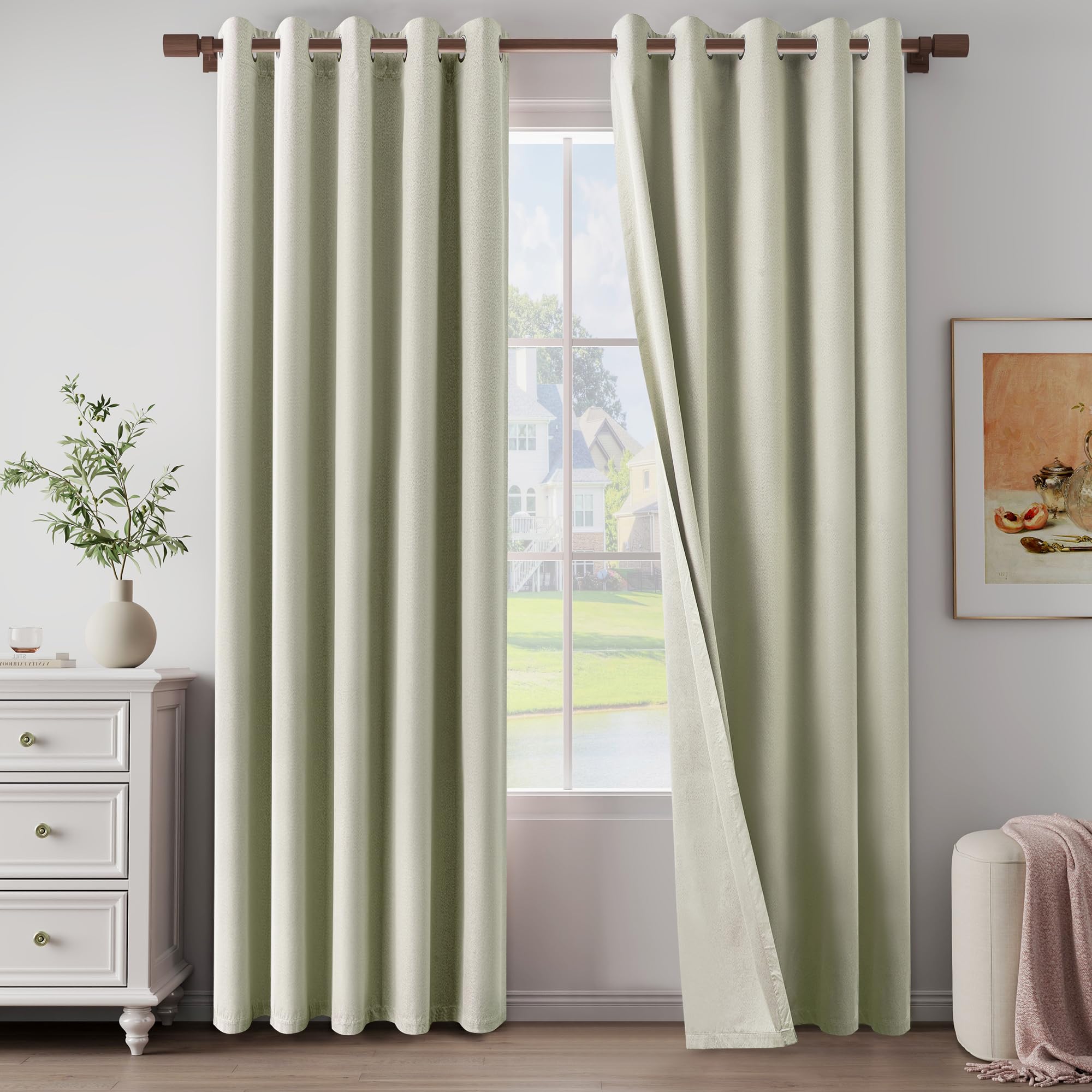 Photo 1 of 100% Blackout Linen Textured Curtains 96 Inch Length 2 Panels Set for Living Room, Bedroom, Light Weight Curtains with Grommets Top, Full Blackout Curtains Privacy Protection, Beige, 66" W x 96" L