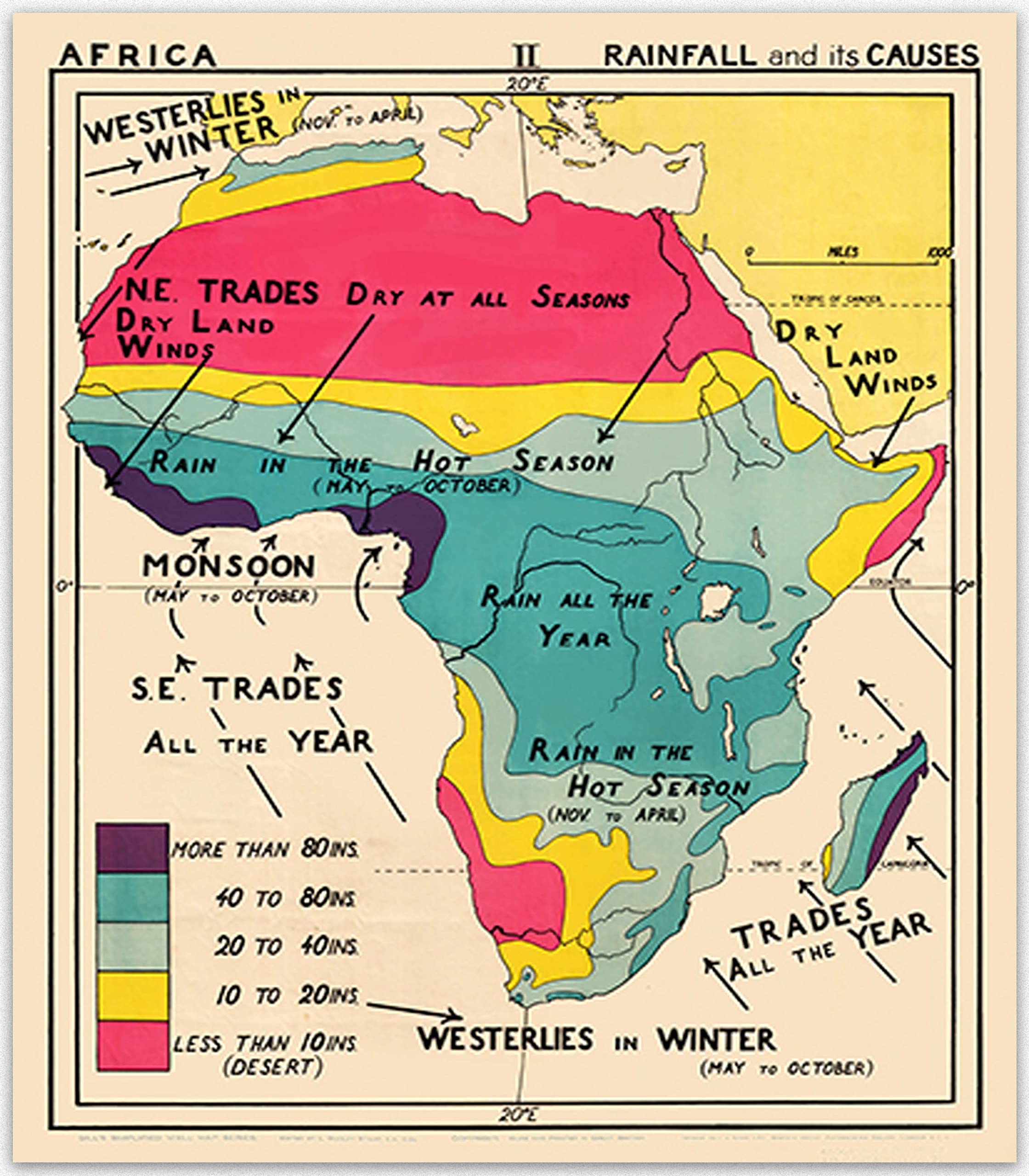 Africa Map Art - African Rainfall Chart Map 1934 African Art Wall Decor, Vintage Poster Rain Map of Africa for Home Classroom & Office Wall Art Decorations (12 x 16)