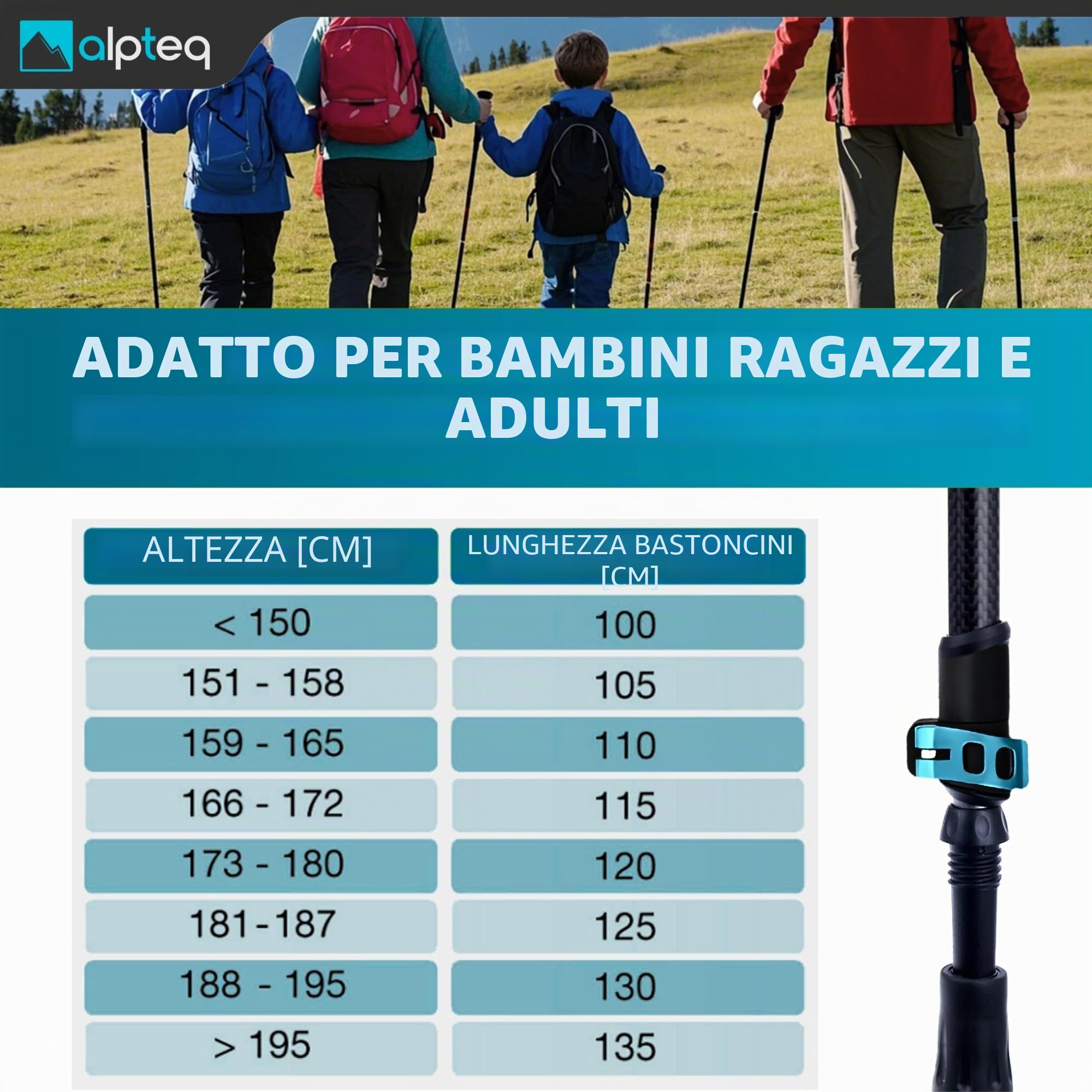 Bastoni da trekking telescopici in carbonio e alluminio con impugnatura in sughero | ultra leggeri per nordig walking | per donne, uomini e bambini | regolabili 65-135 cm